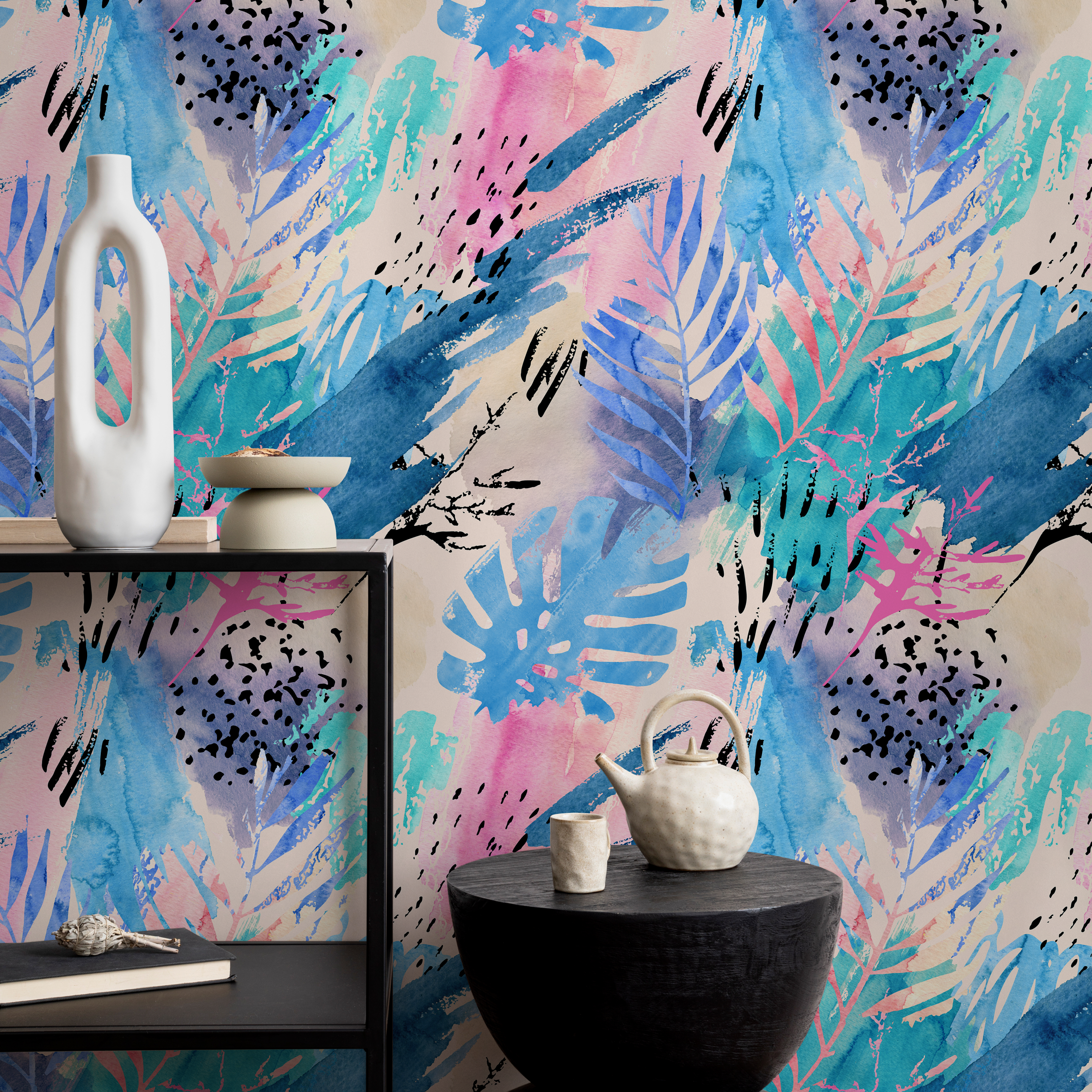 Abstract Wallpaper With Tropical Leaves And Brushstrokes In Blue, Pink, And Black - B003