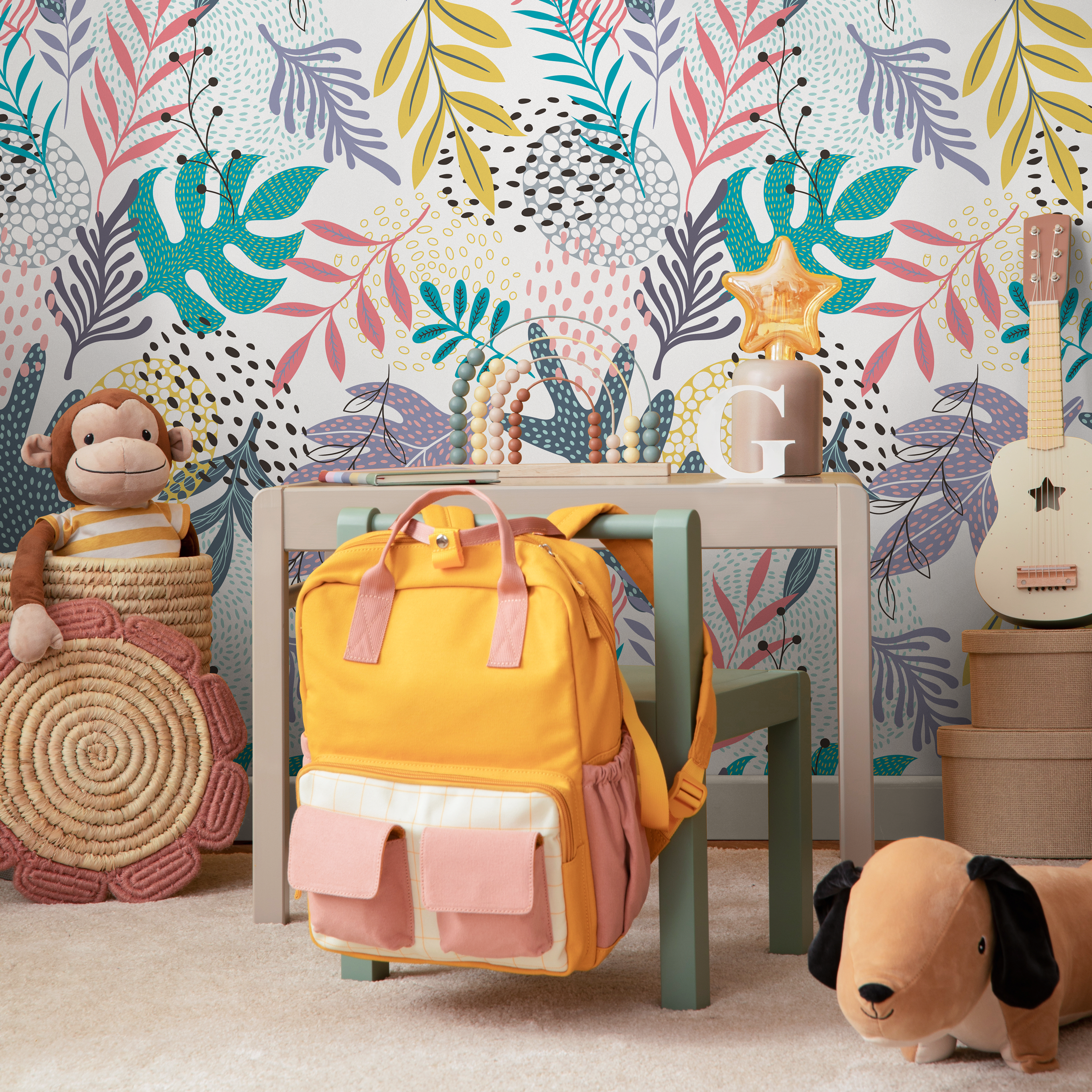 Botanical Wallpaper With Abstract Leaves In Teal, Pink, And Yellow - B004