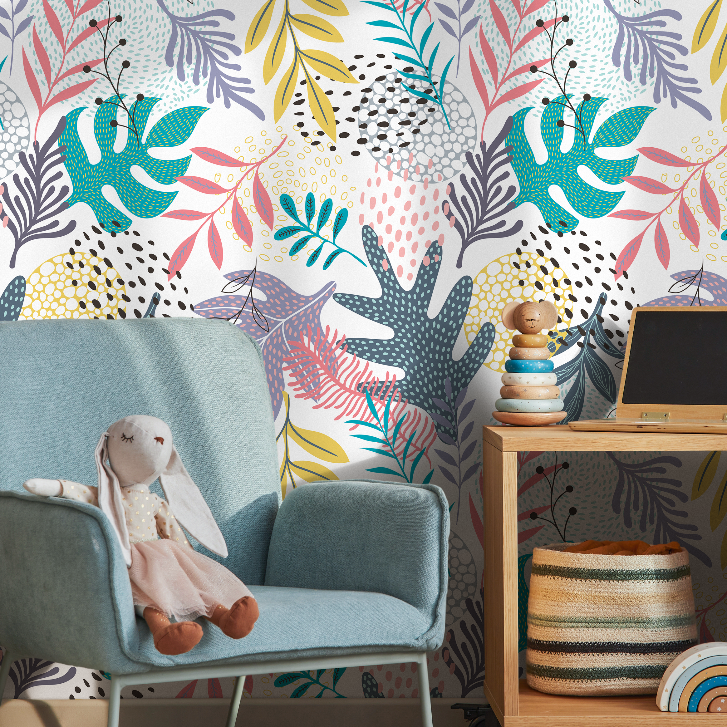 Botanical Wallpaper With Abstract Leaves In Teal, Pink, And Yellow - B004