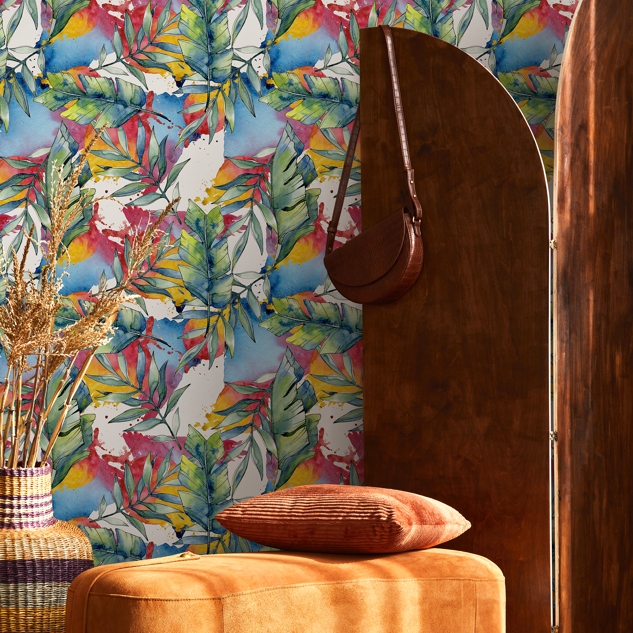 Tropical Wallpaper With An Abstract Watercolor Leaf Motif In Blue, Red, And Green - B013
