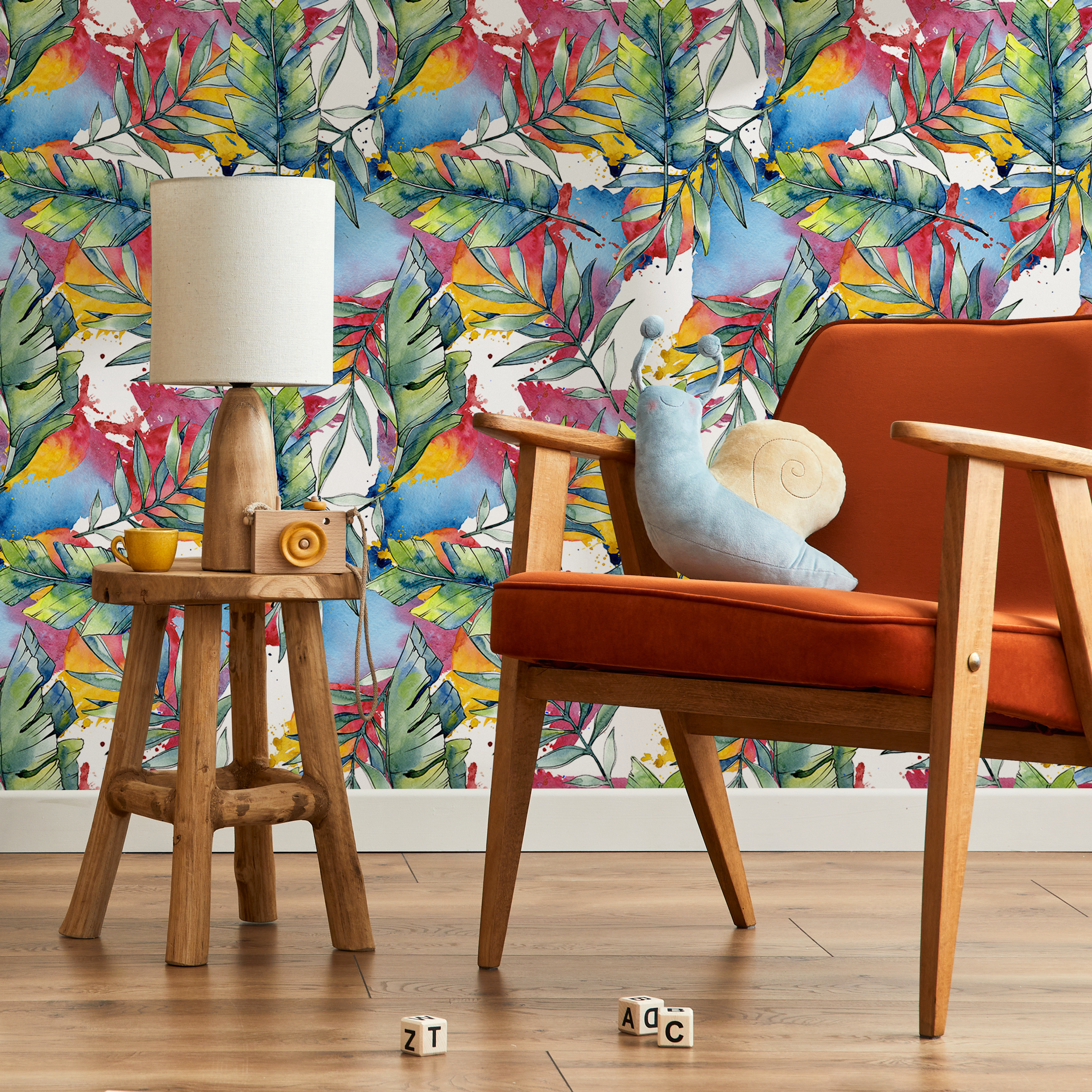 Tropical Wallpaper With An Abstract Watercolor Leaf Motif In Blue, Red, And Green - B013