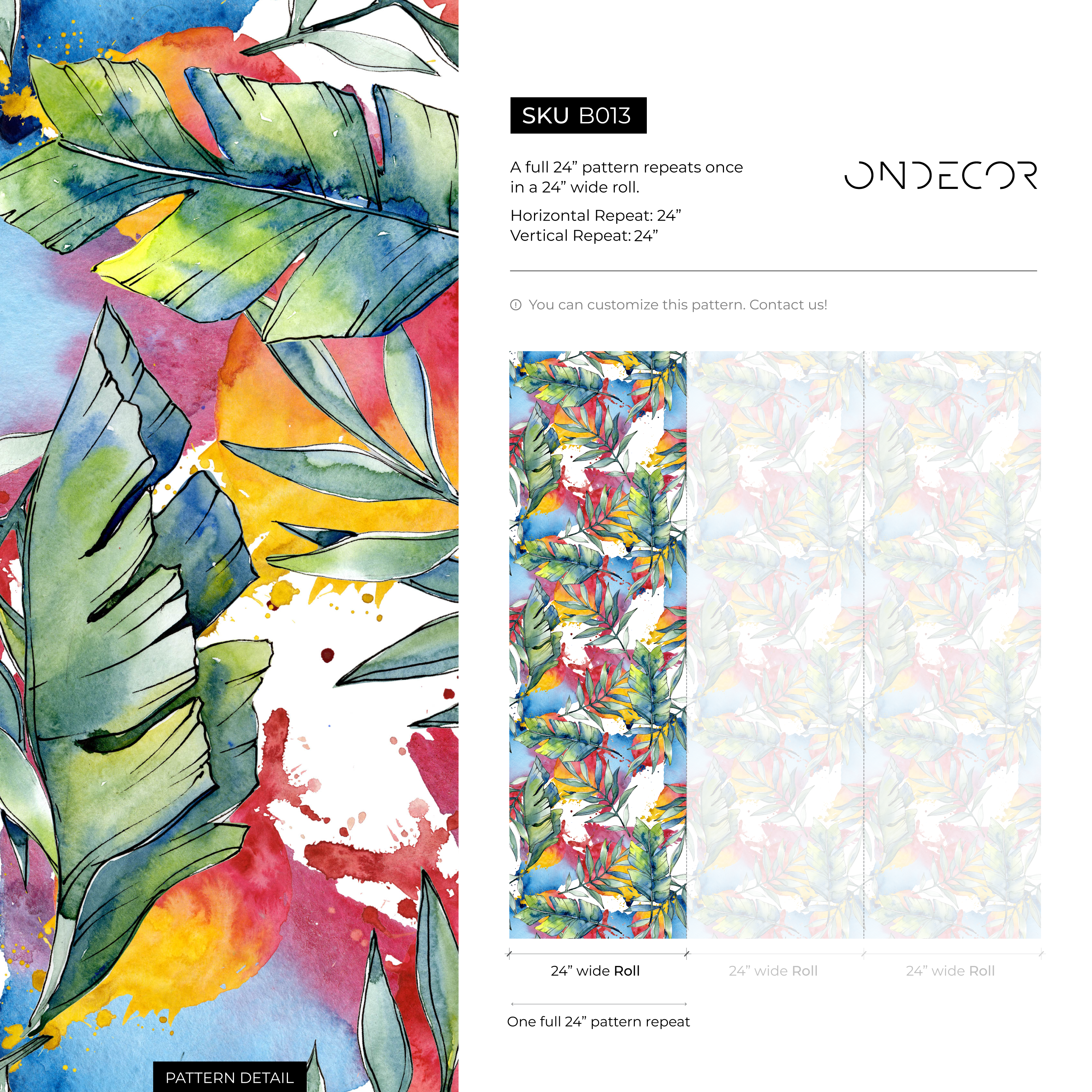 Tropical Wallpaper With An Abstract Watercolor Leaf Motif In Blue, Red, And Green - B013