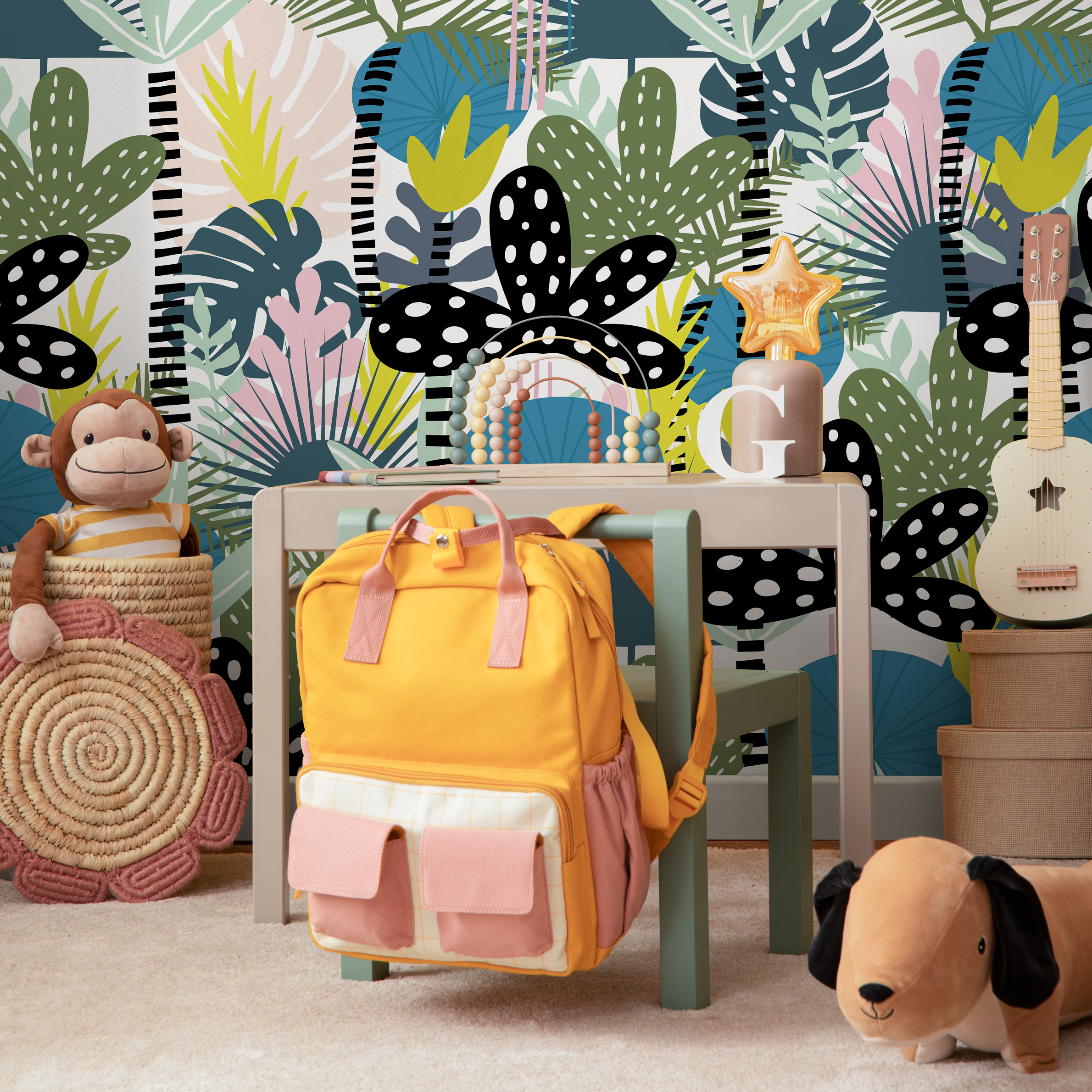 Modern Botanical Wallpaper With Abstract Leaves In Black, Blue, And Green - B014