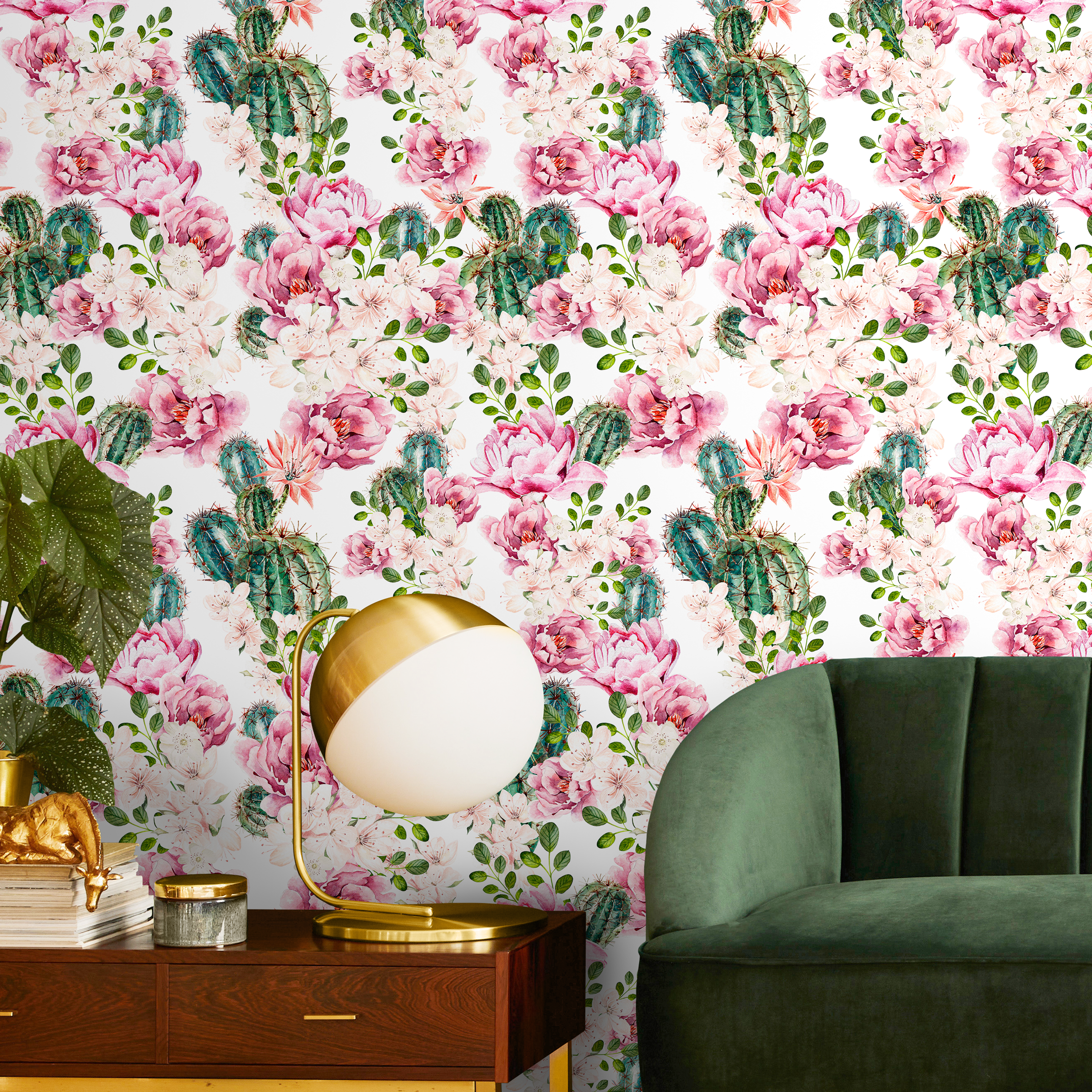 Floral Wallpaper With Blooming Roses And Cactus In Pink And Green - B020