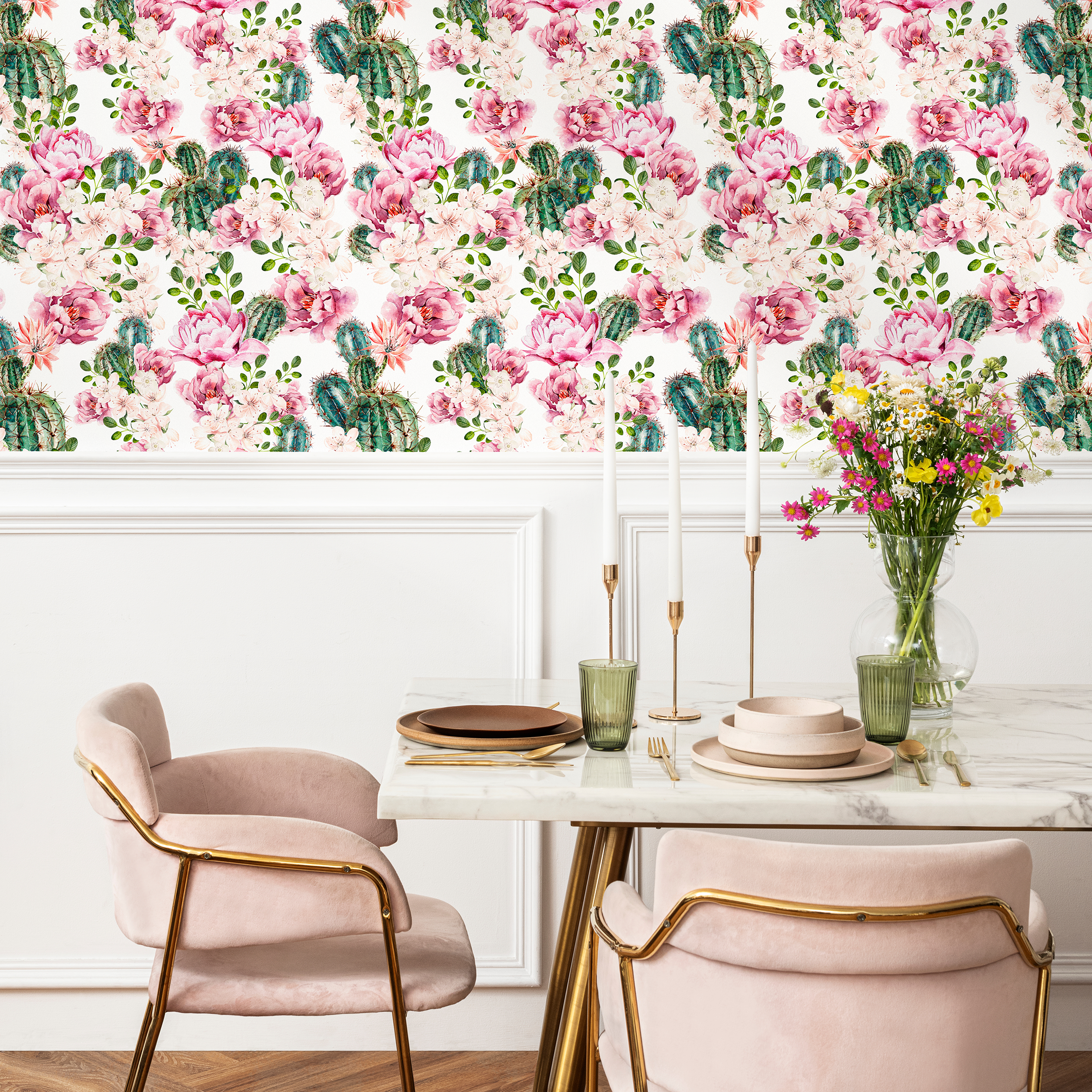 Floral Wallpaper With Blooming Roses And Cactus In Pink And Green - B020