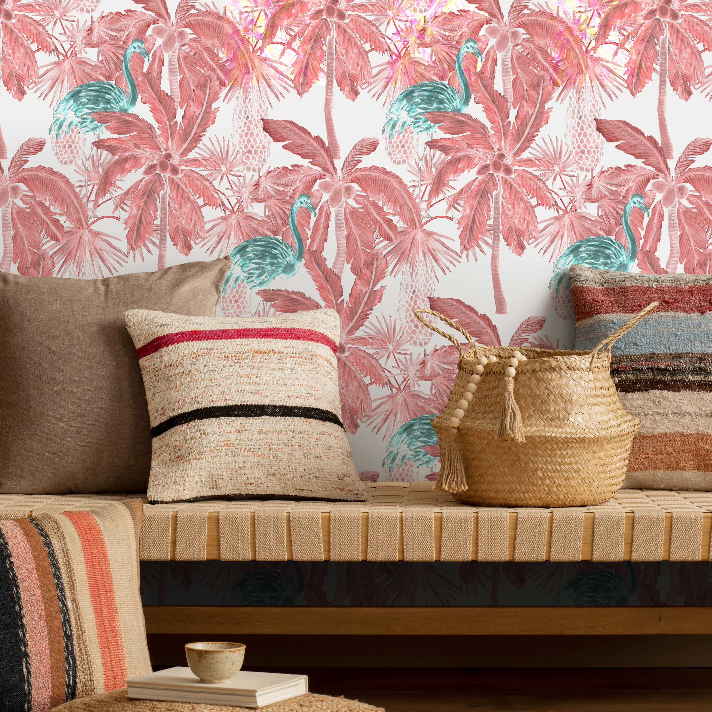 Tropical Wallpaper With Palm Trees And Exotic Birds In Red, Pink, And Teal - B026