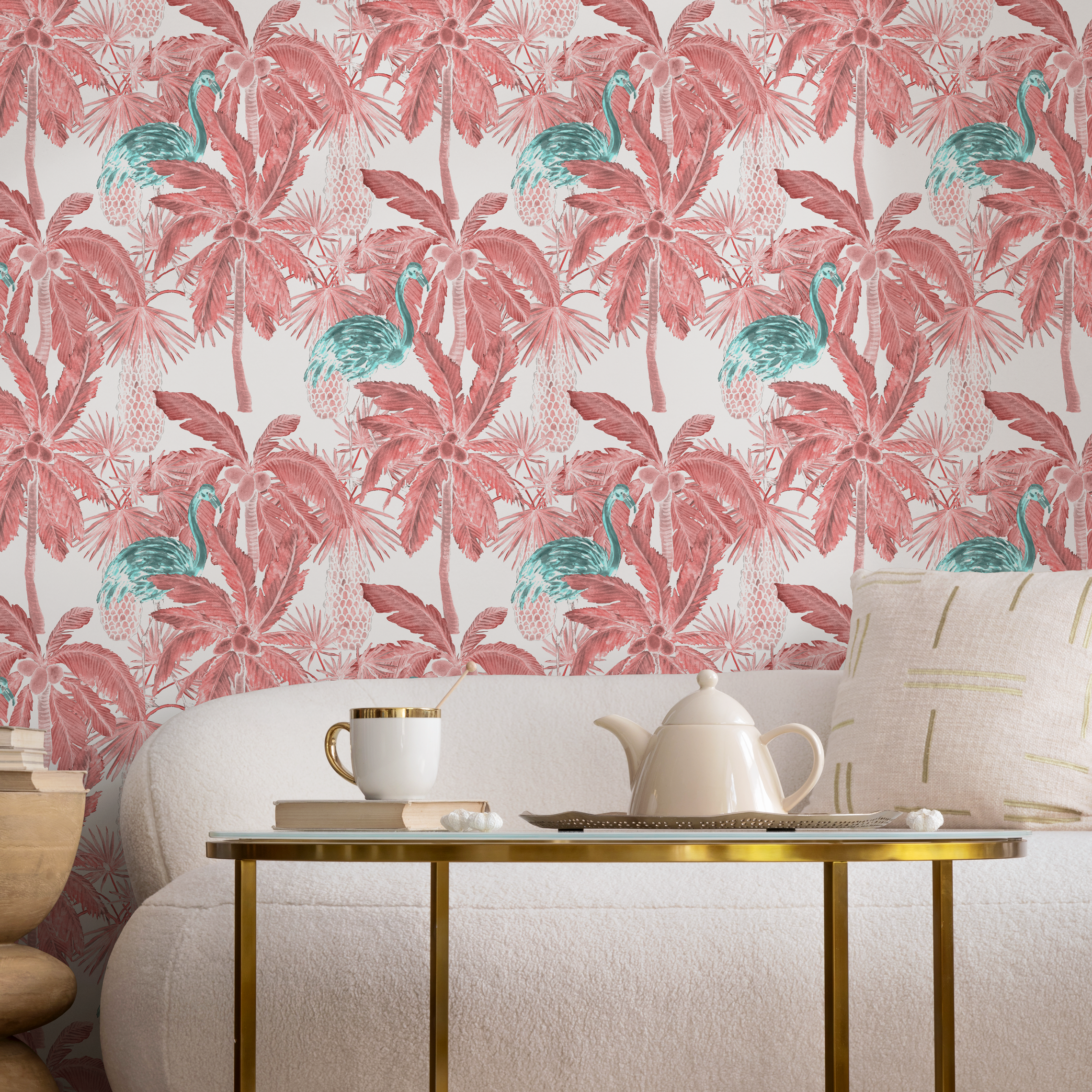 Tropical Wallpaper With Palm Trees And Exotic Birds In Red, Pink, And Teal - B026
