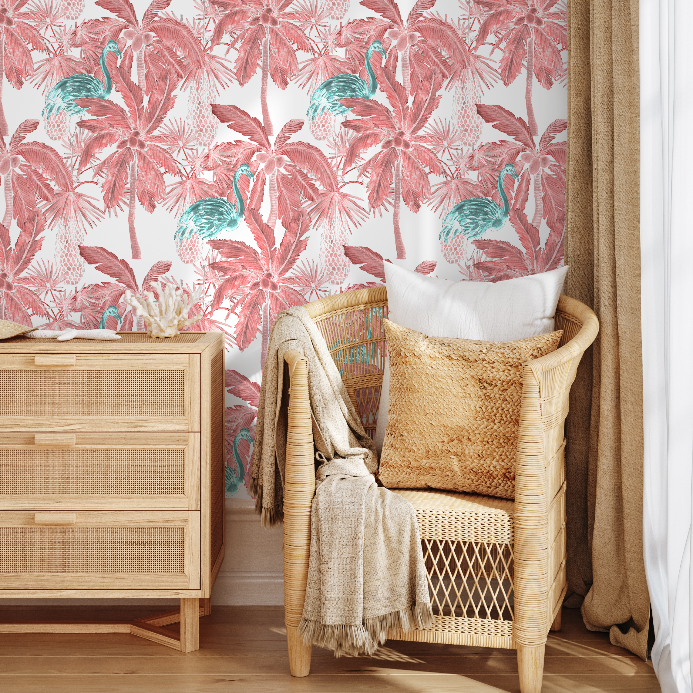 Tropical Wallpaper With Palm Trees And Exotic Birds In Red, Pink, And Teal - B026