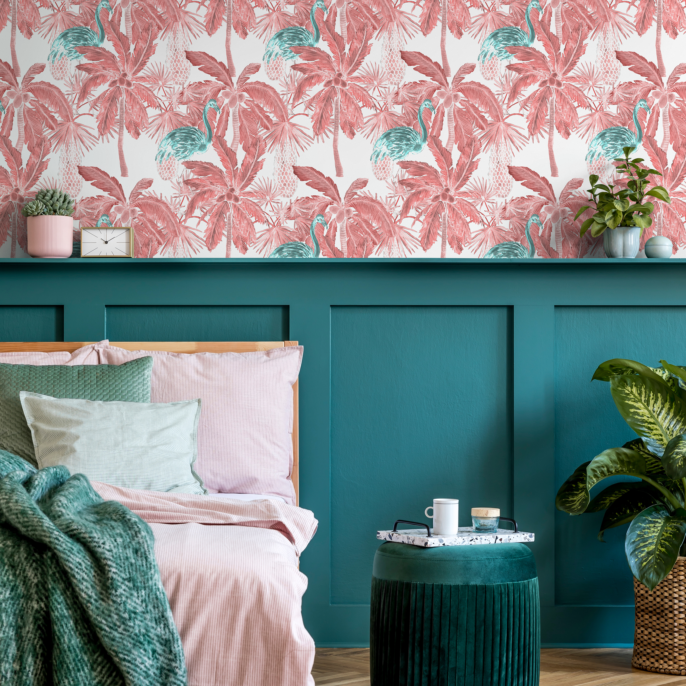 Tropical Wallpaper With Palm Trees And Exotic Birds In Red, Pink, And Teal - B026