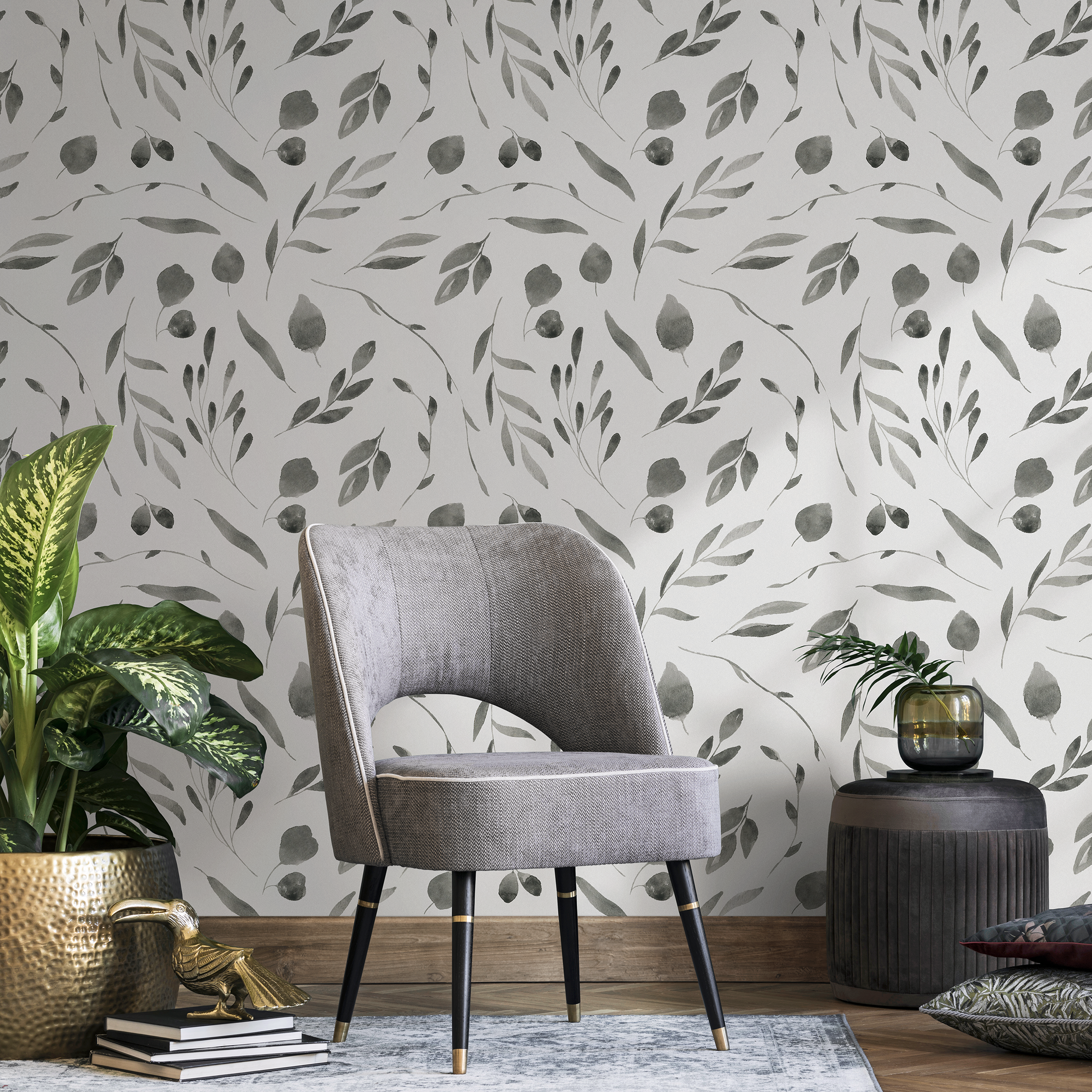 Botanical Wallpaper With A Delicate Watercolor Leaf Motif In Black And Gray - B028