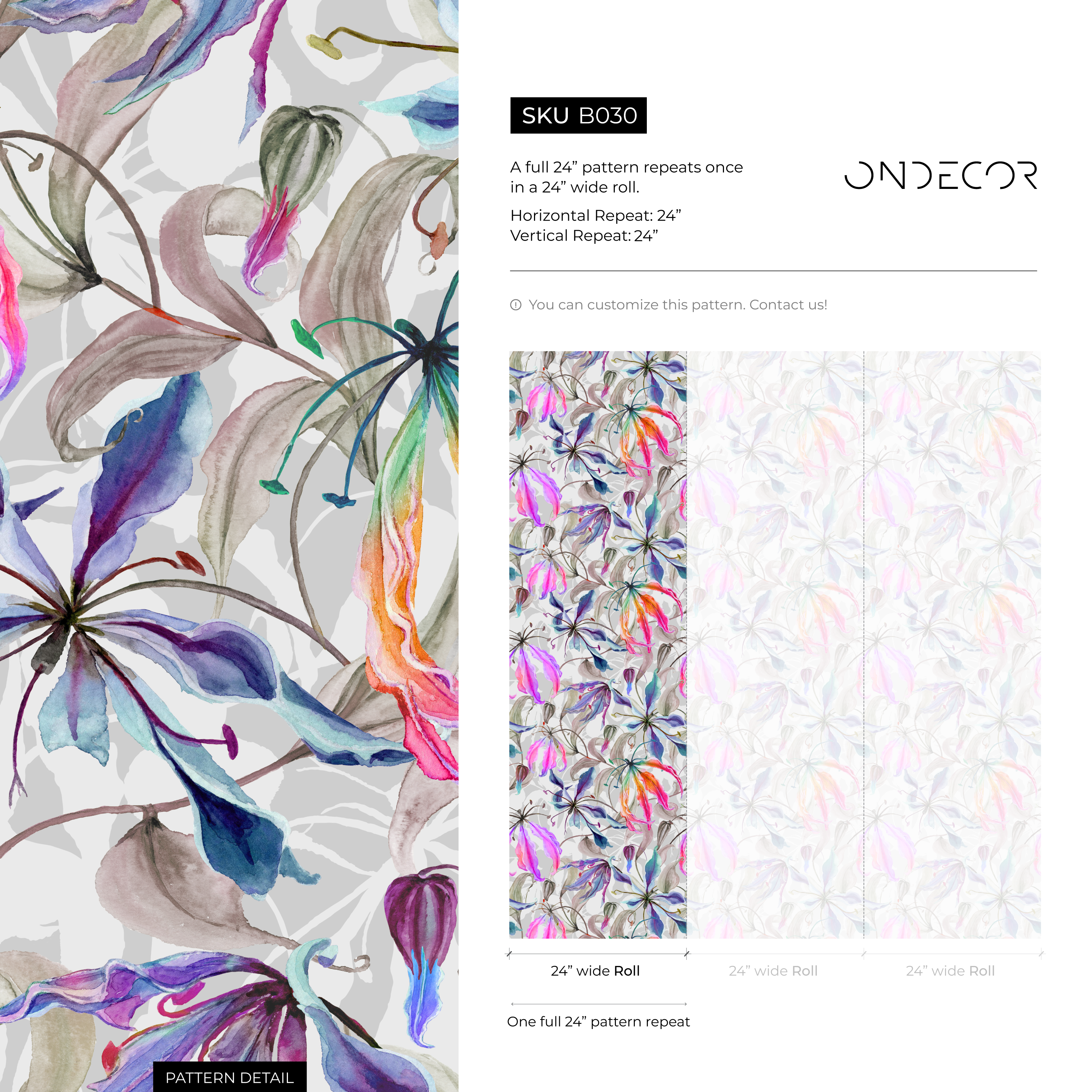 Floral Wallpaper With Watercolor Glory Lilies In Pink, Purple, And Blue - B030