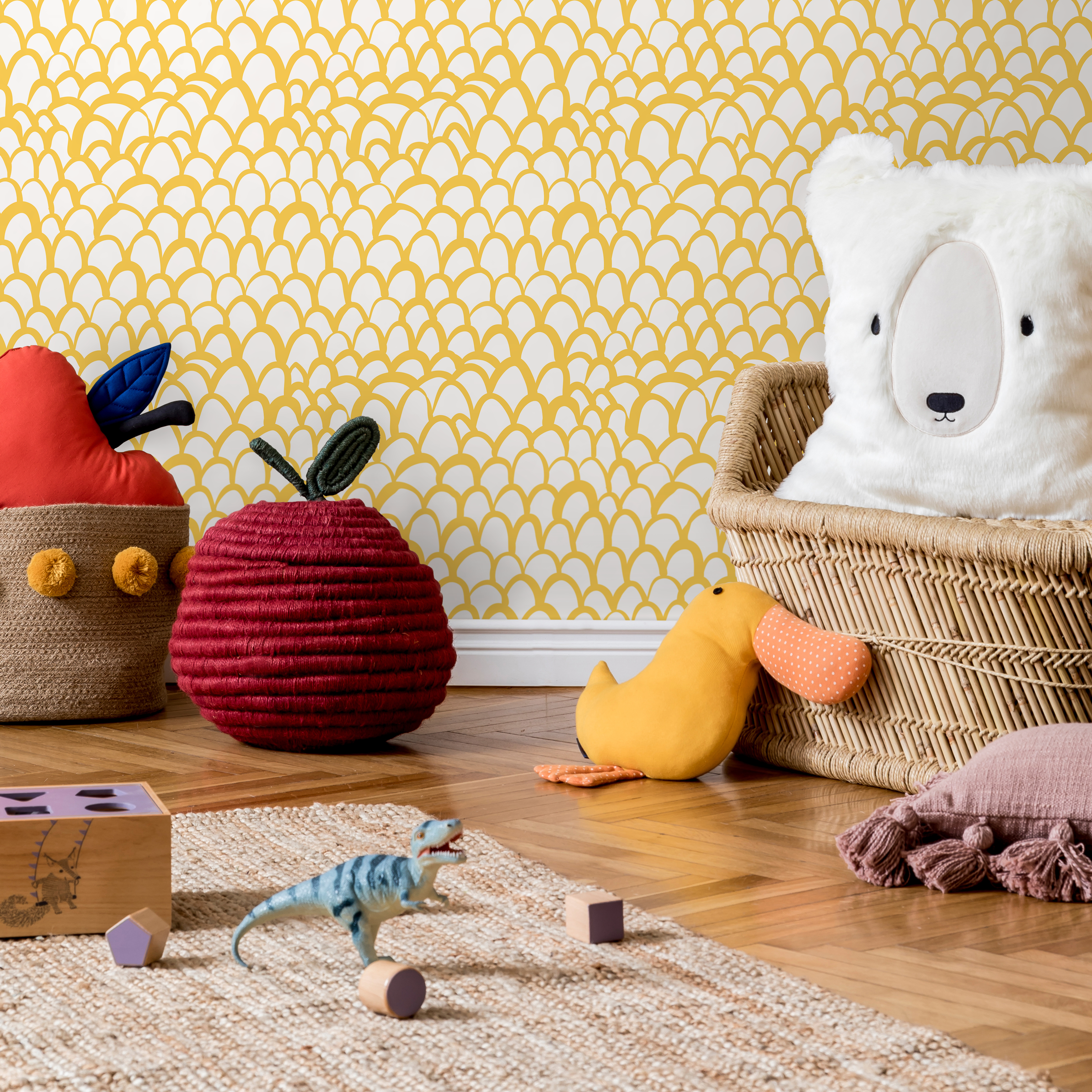 Scandinavian Wallpaper With An Arched Scales Motif In Yellow - B032