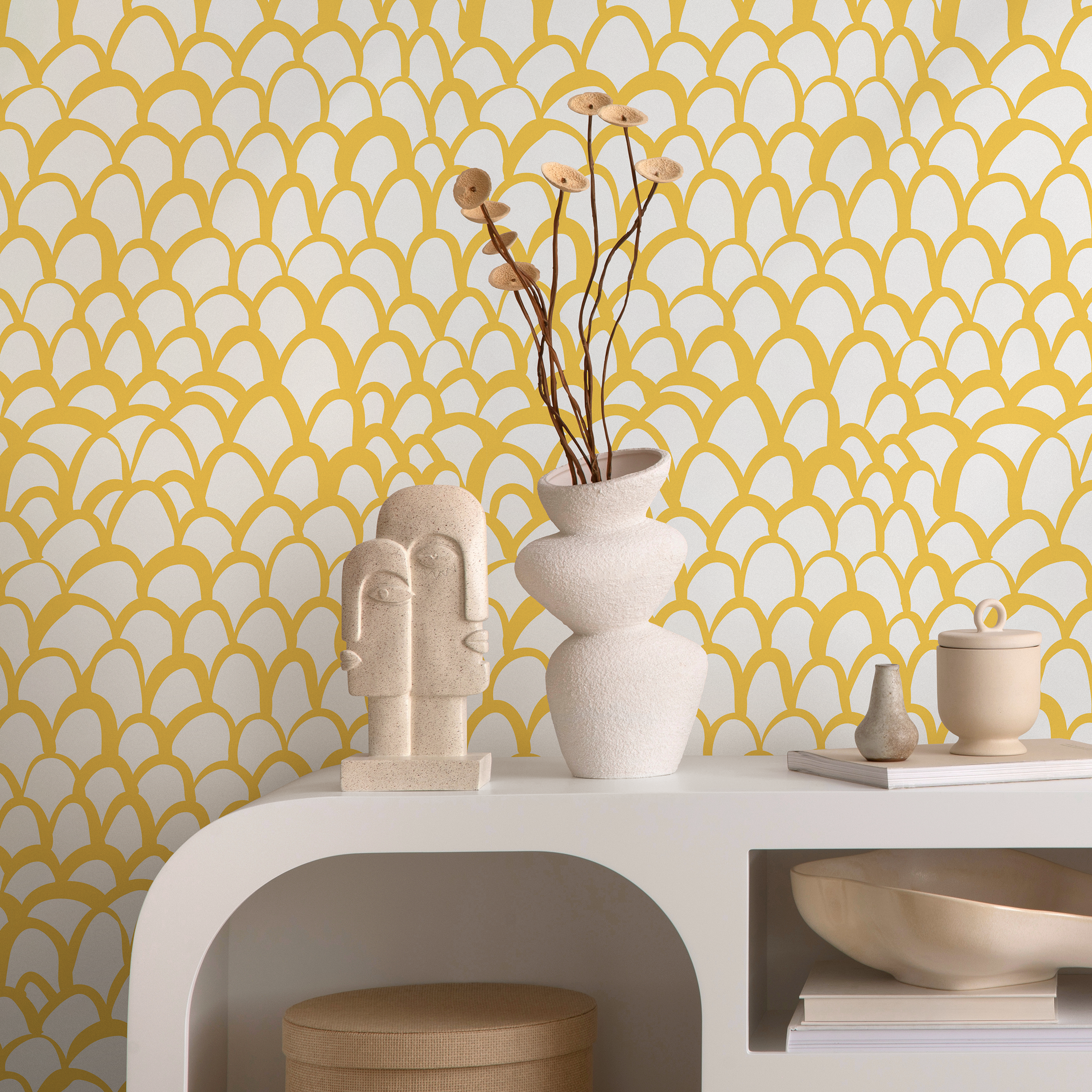 Scandinavian Wallpaper With An Arched Scales Motif In Yellow - B032