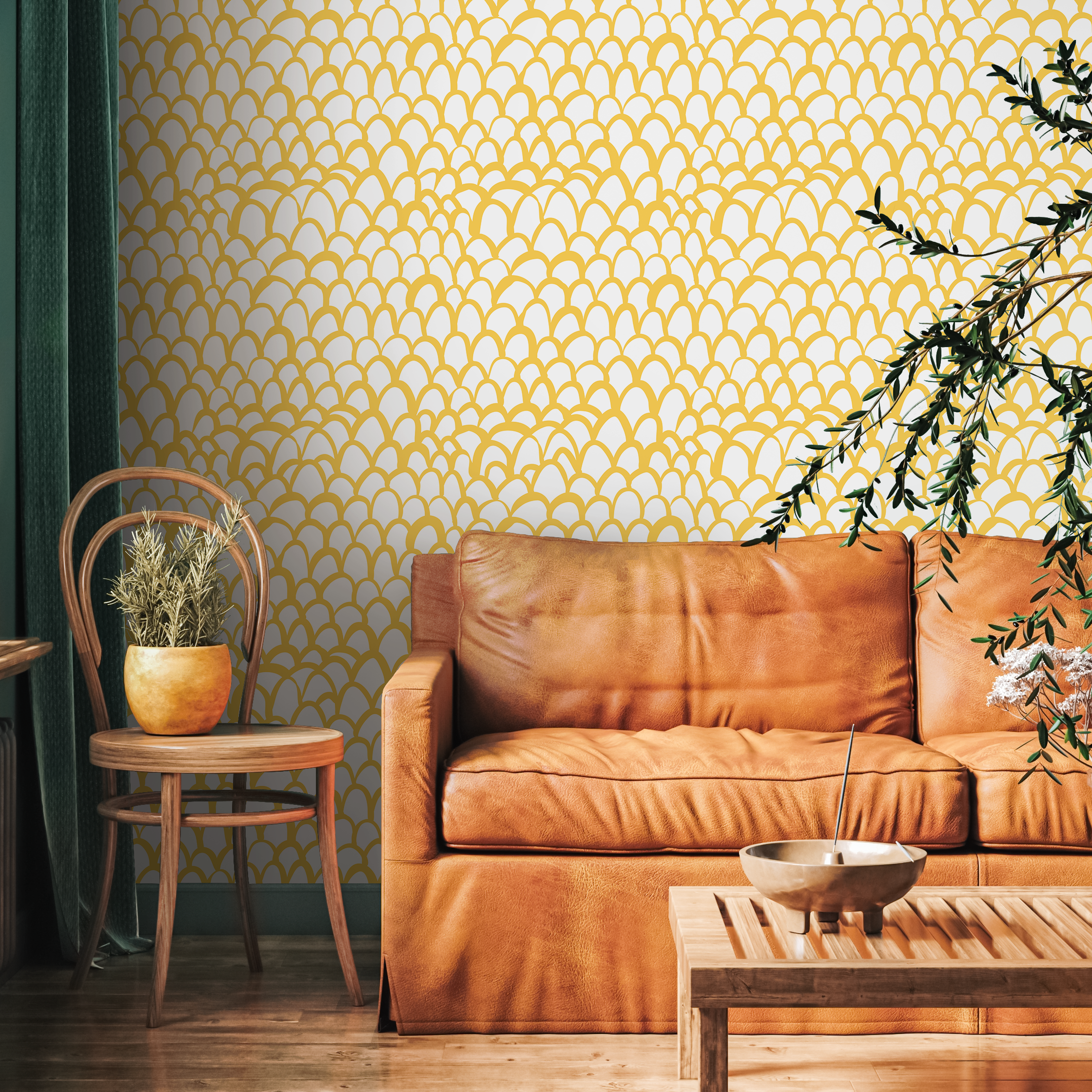 Scandinavian Wallpaper With An Arched Scales Motif In Yellow - B032