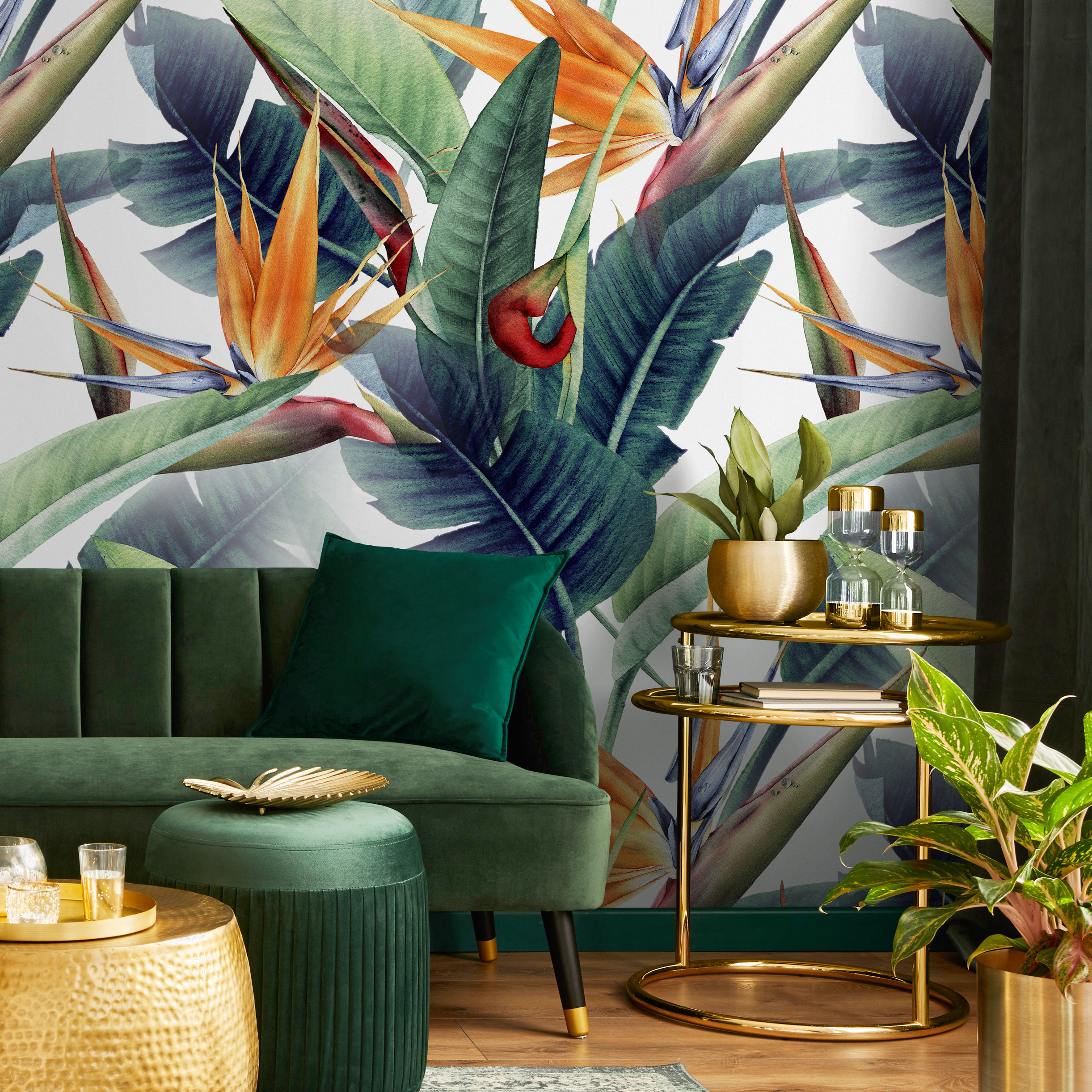 Tropical Wallpaper With Bird Of Paradise Flowers In Orange, Green, And Blue - B037
