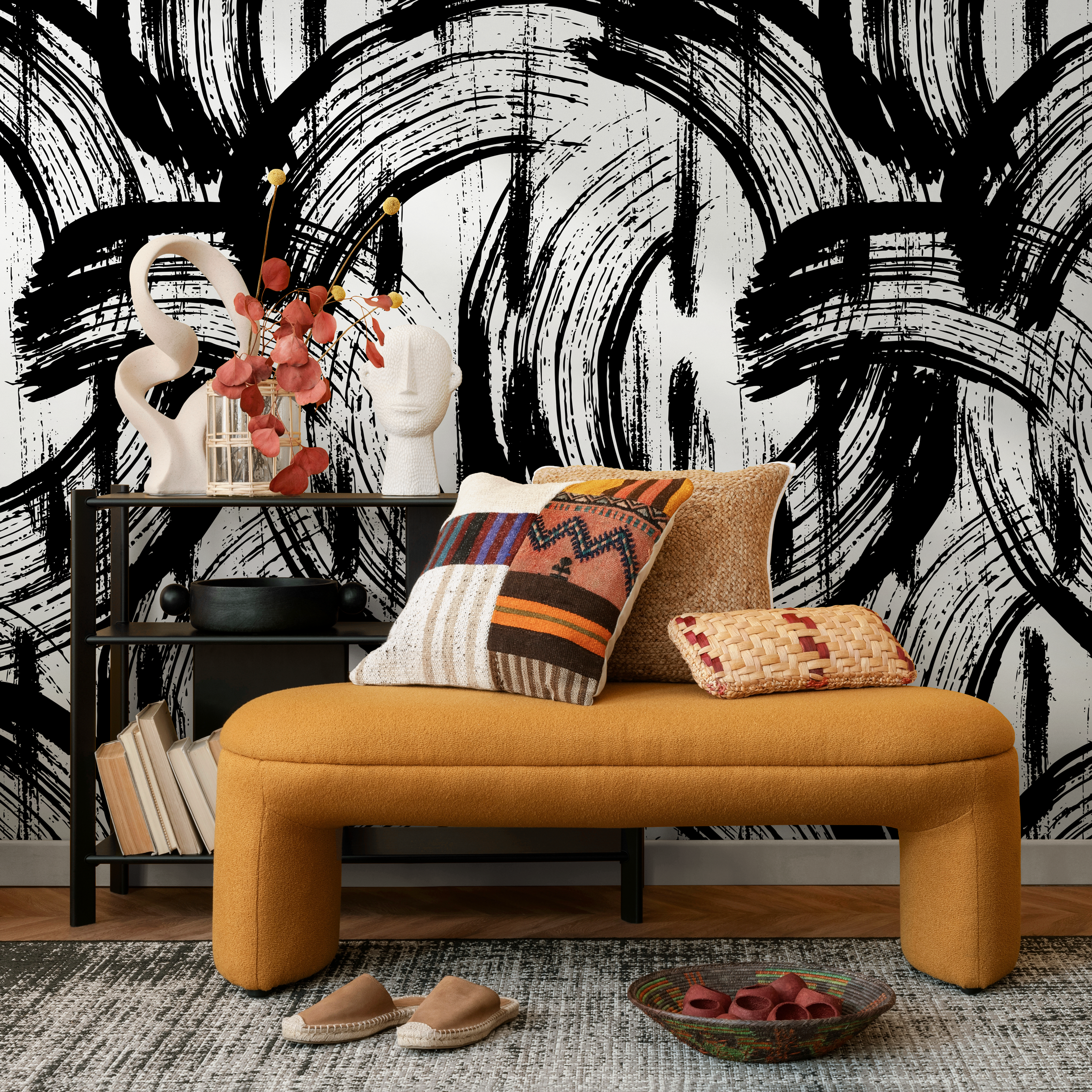 Abstract Wallpaper With Bold Paintbrush Strokes In Black And White - B039