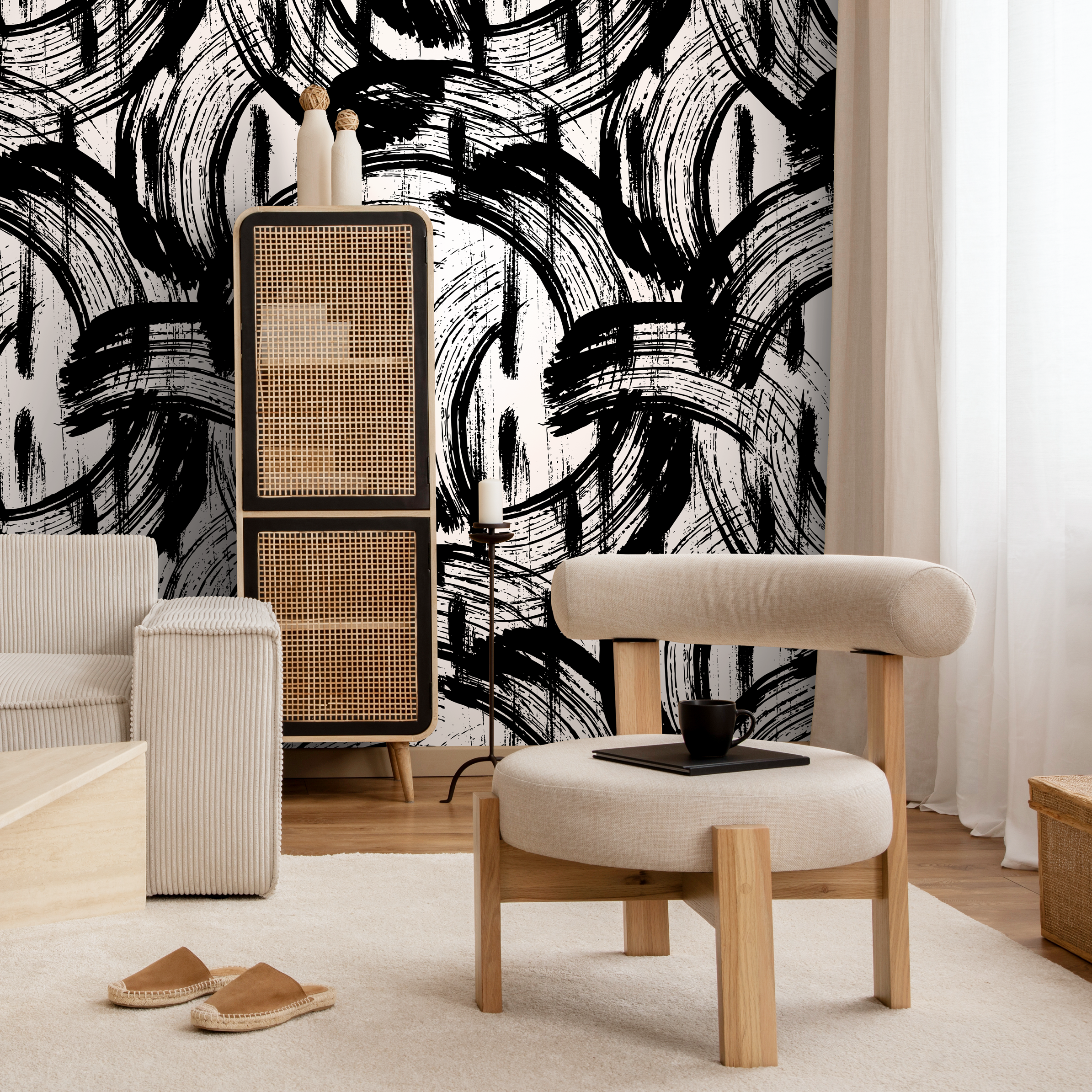 Abstract Wallpaper With Bold Paintbrush Strokes In Black And White - B039