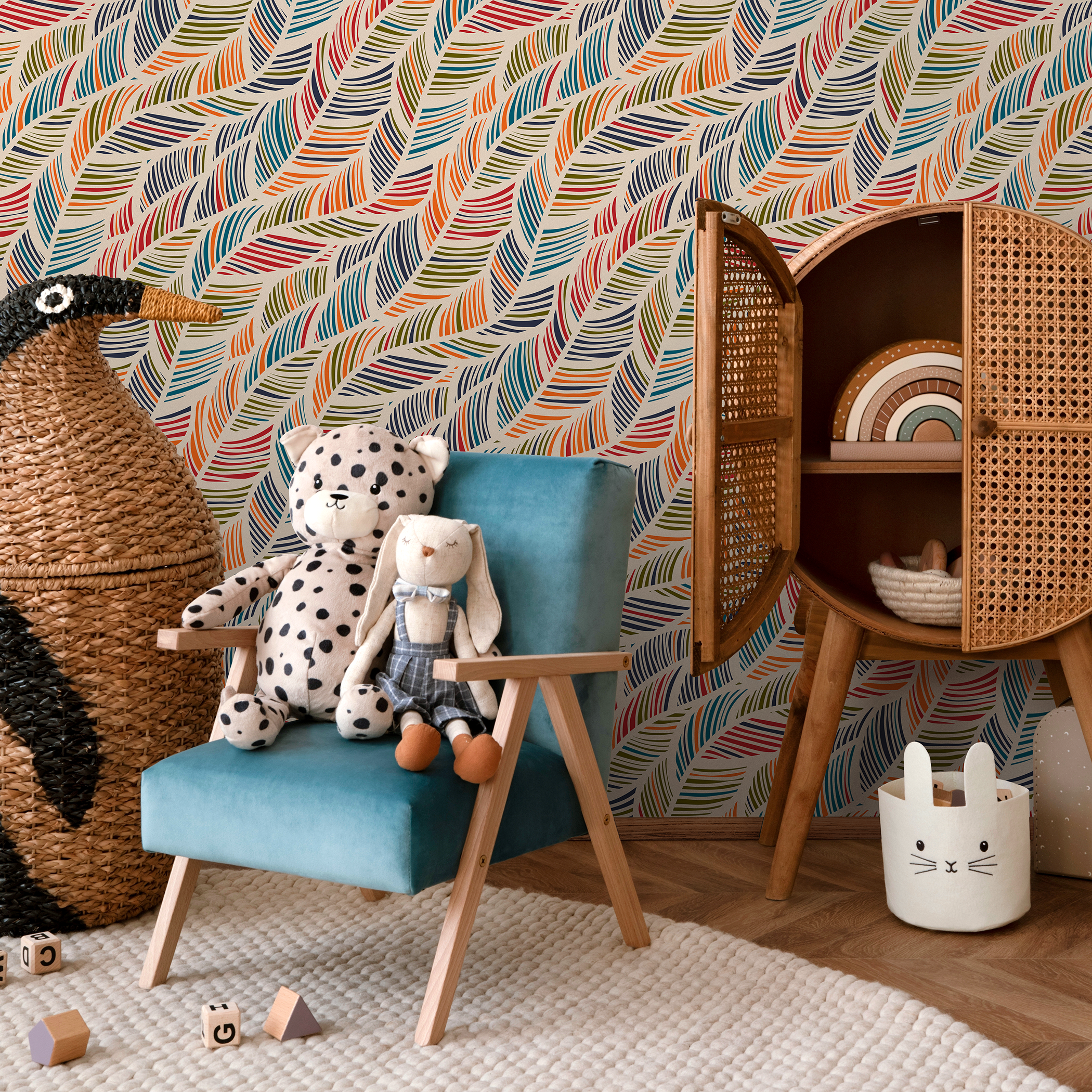 Scandinavian Wallpaper With Flowing Striped Leaves In Red, Blue, And Orange - B041