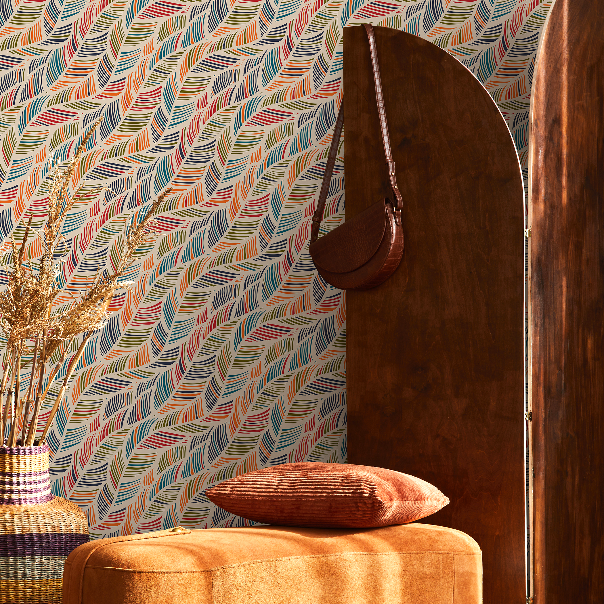 Scandinavian Wallpaper With Flowing Striped Leaves In Red, Blue, And Orange - B041