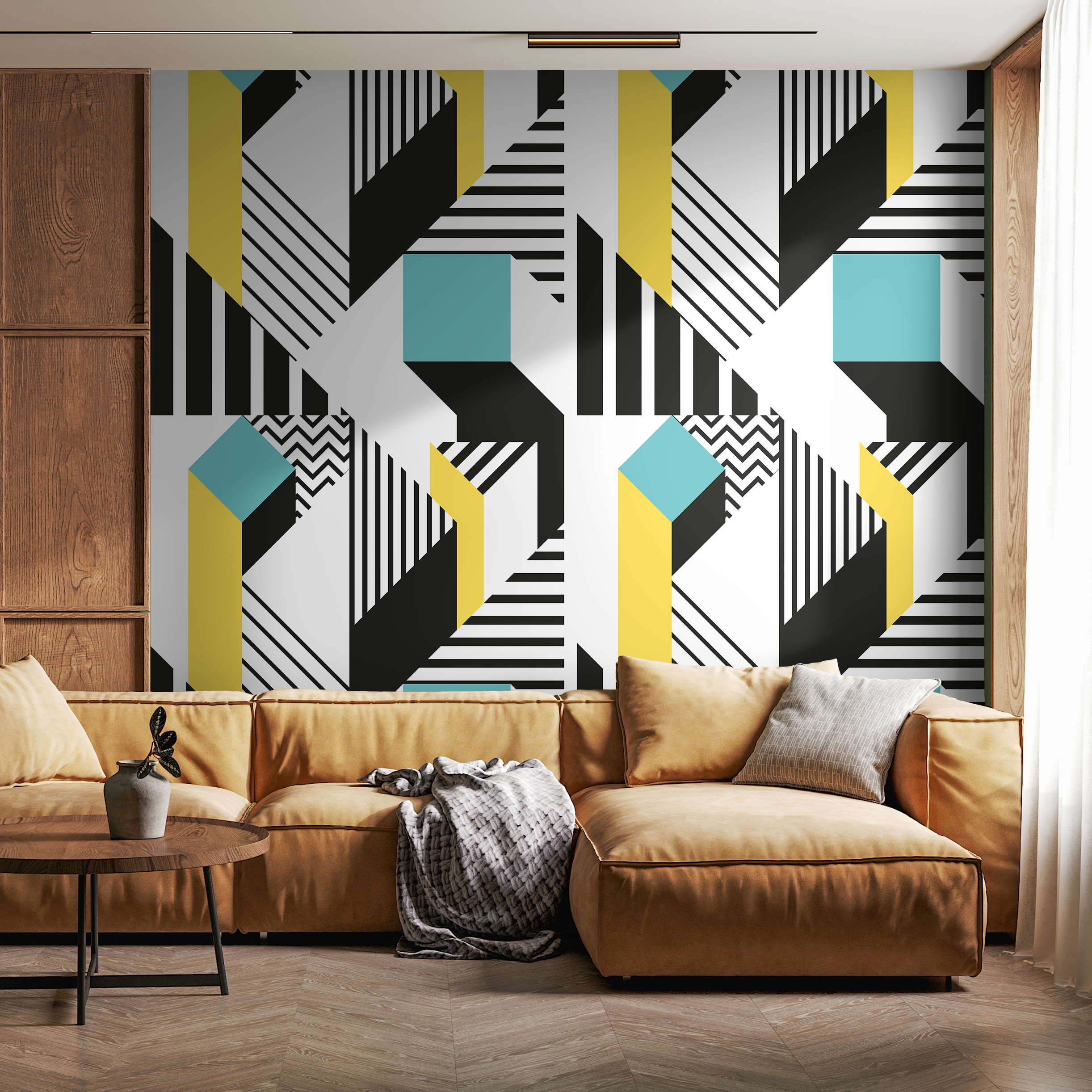 Geometric Wallpaper With 3d Blocks And Lines In Black, Teal, And Yellow - B042