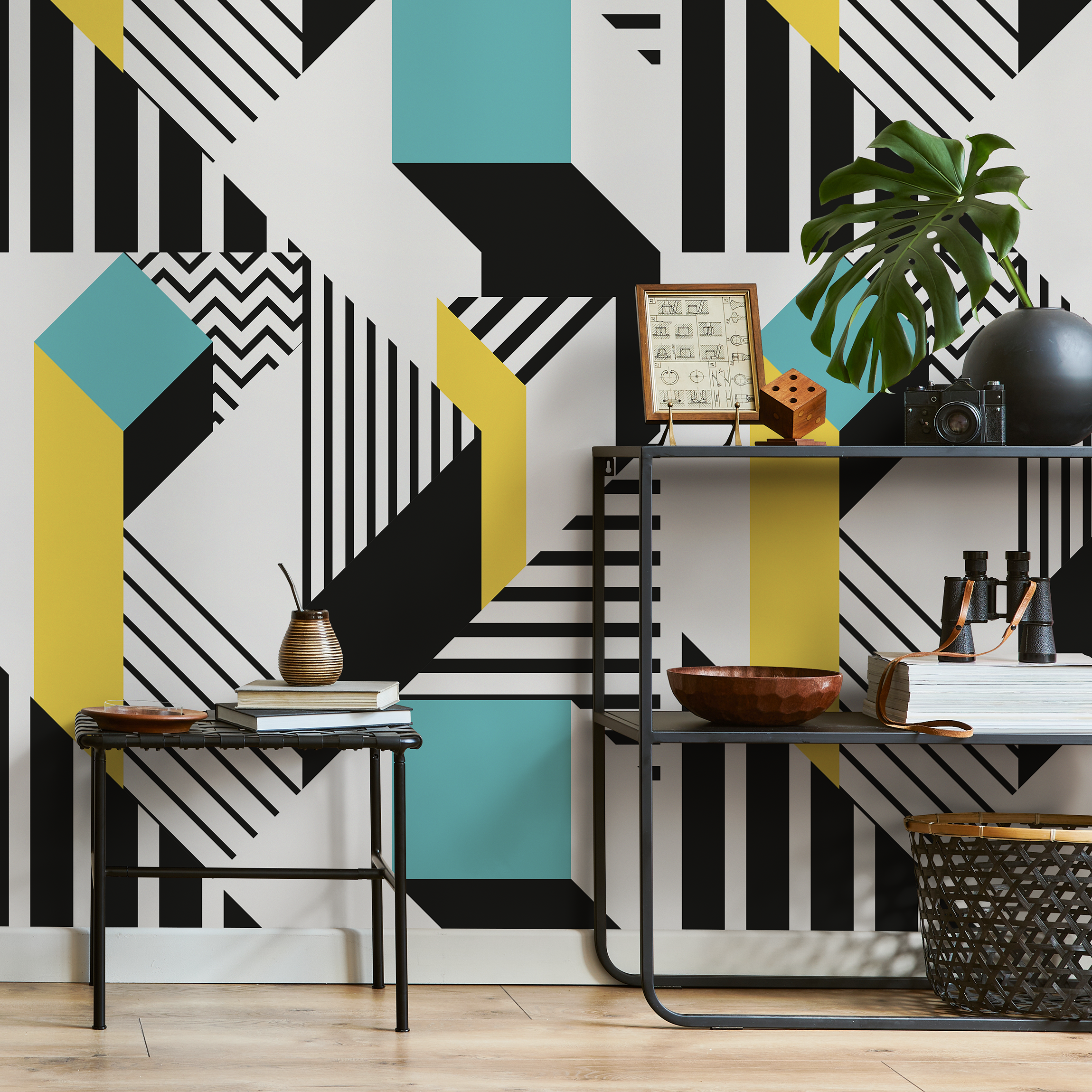 Geometric Wallpaper With 3d Blocks And Lines In Black, Teal, And Yellow - B042