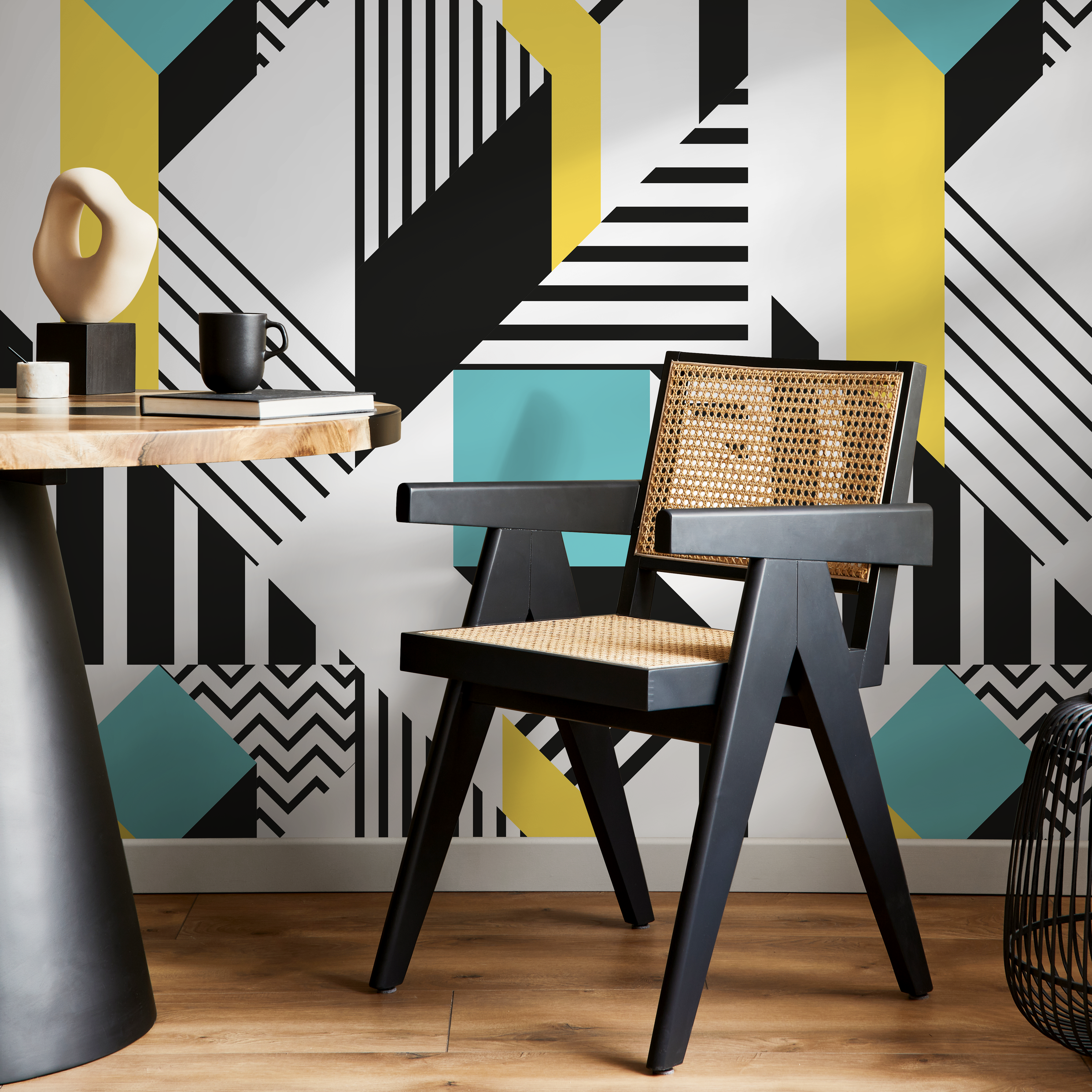 Geometric Wallpaper With 3d Blocks And Lines In Black, Teal, And Yellow - B042