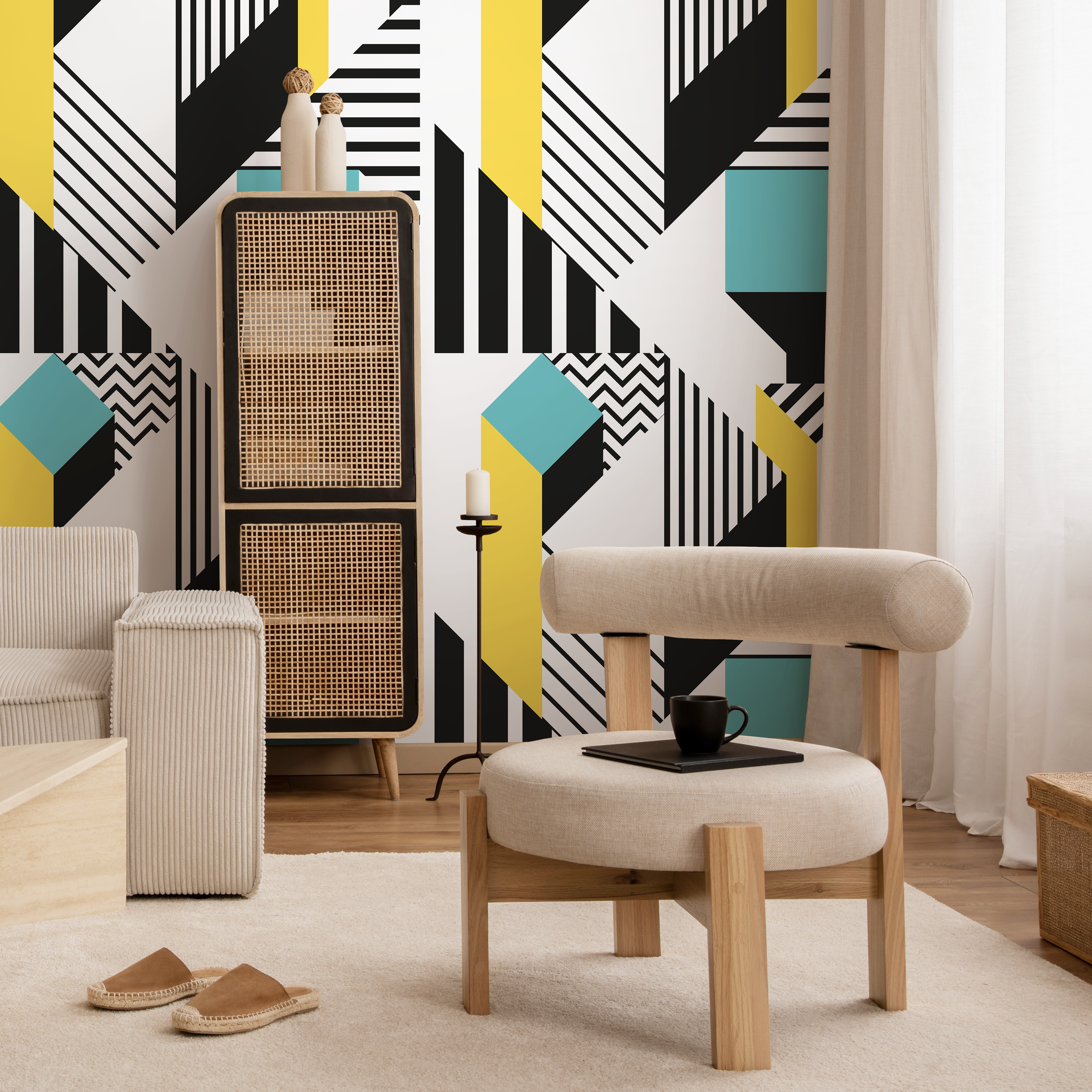 Geometric Wallpaper With 3d Blocks And Lines In Black, Teal, And Yellow - B042