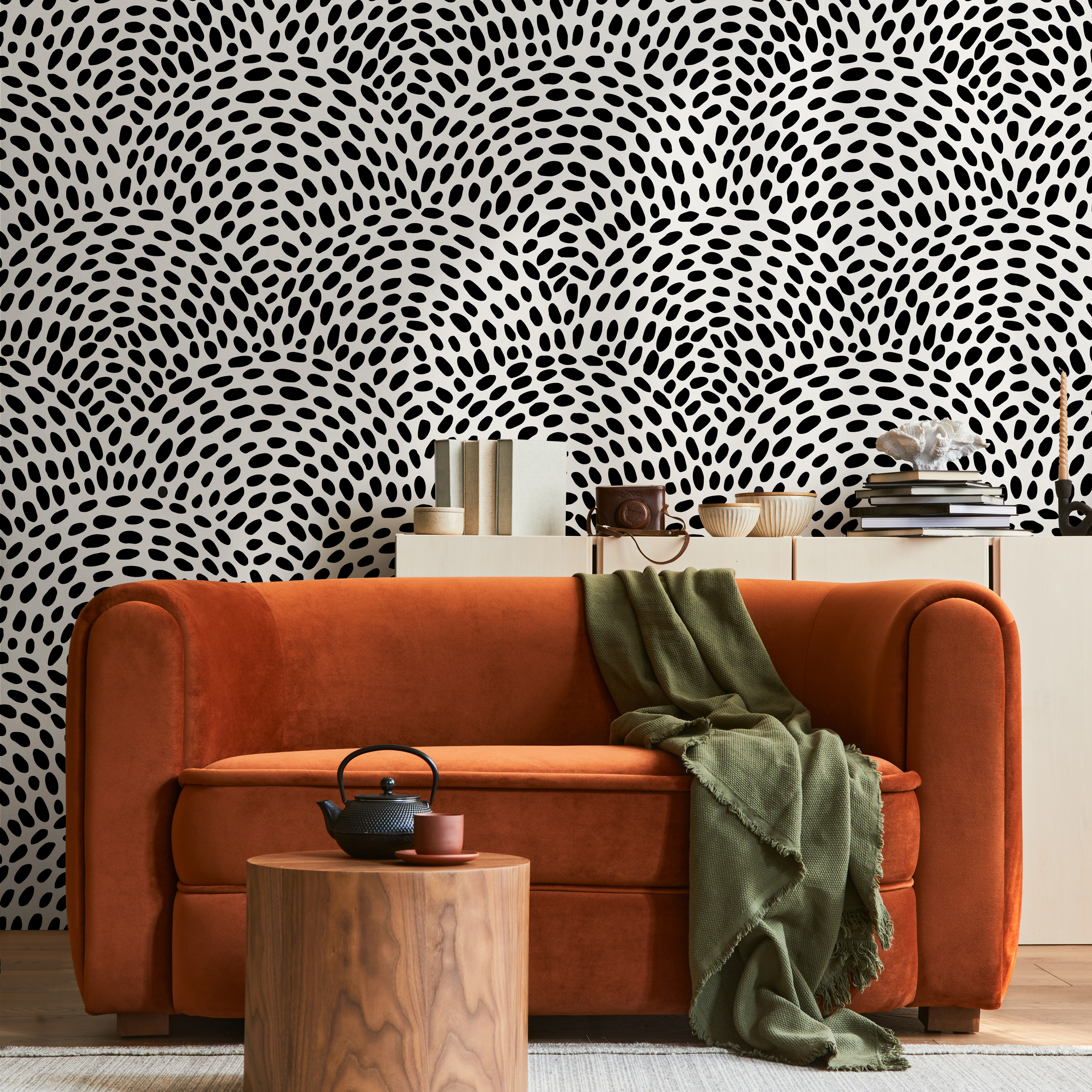 Abstract Wallpaper With A Wavy Pebble Motif In Black And White - B044