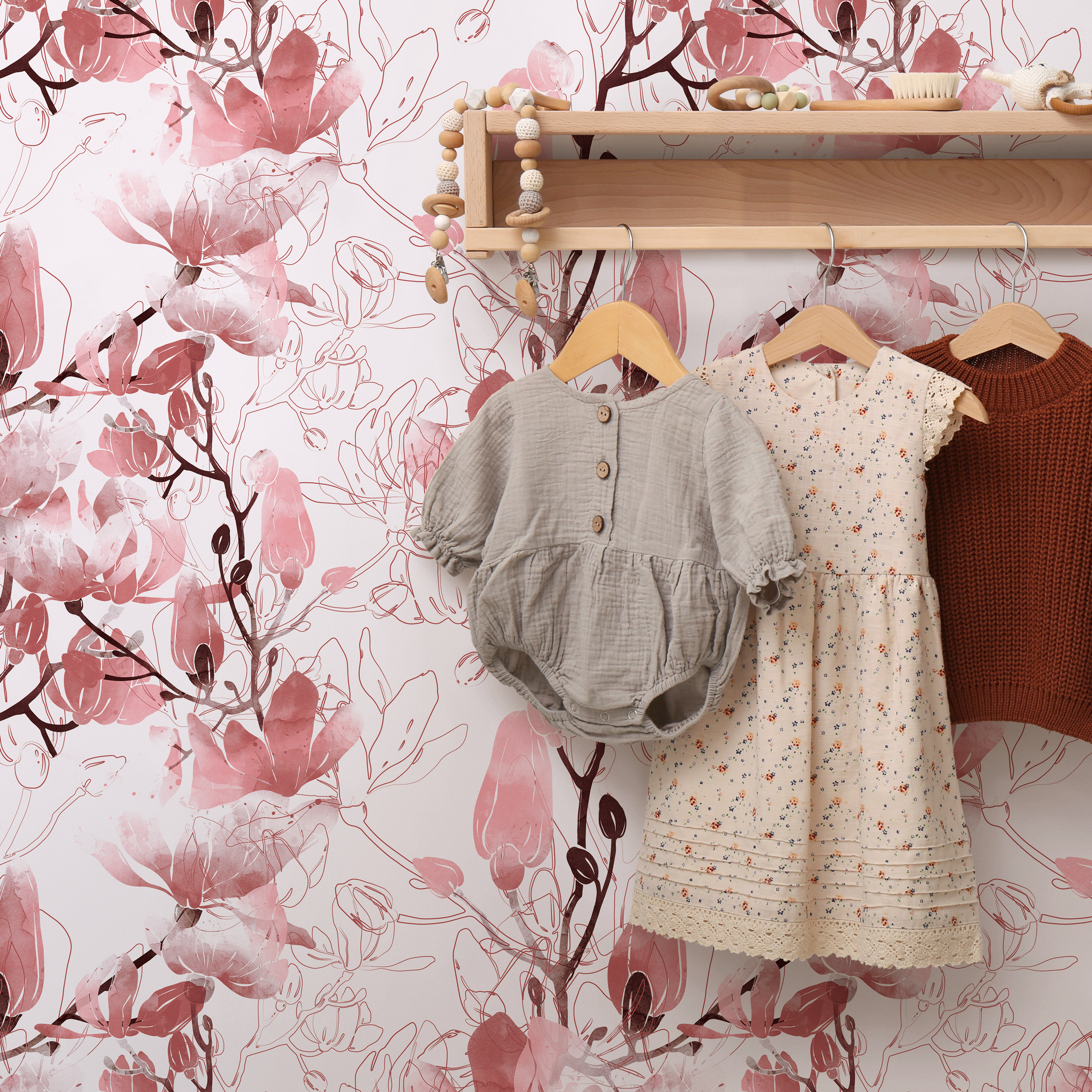 Floral Wallpaper With Watercolor And Line Art Blossoms In Pink And Burgundy - B047