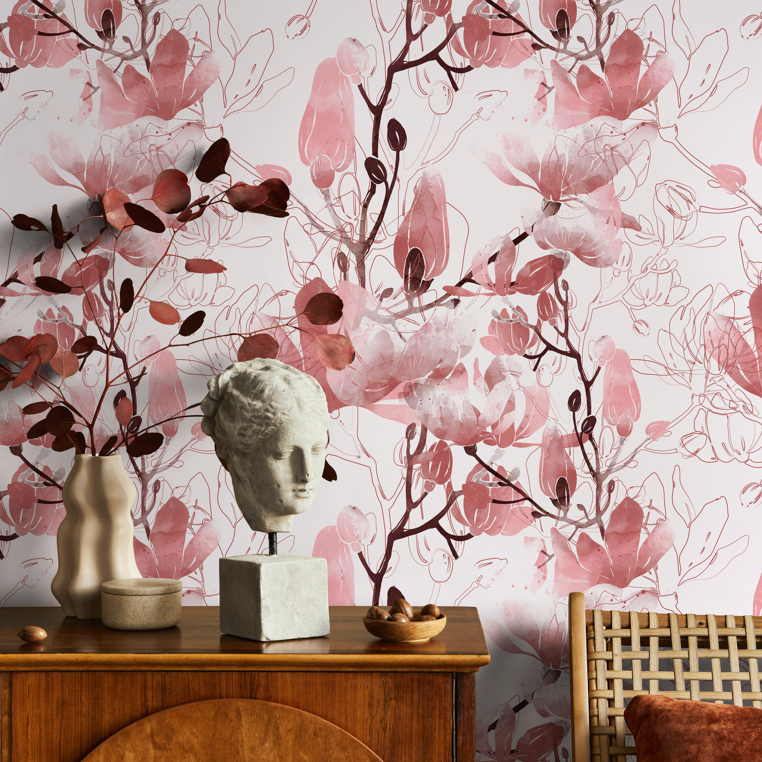Floral Wallpaper With Watercolor And Line Art Blossoms In Pink And Burgundy - B047