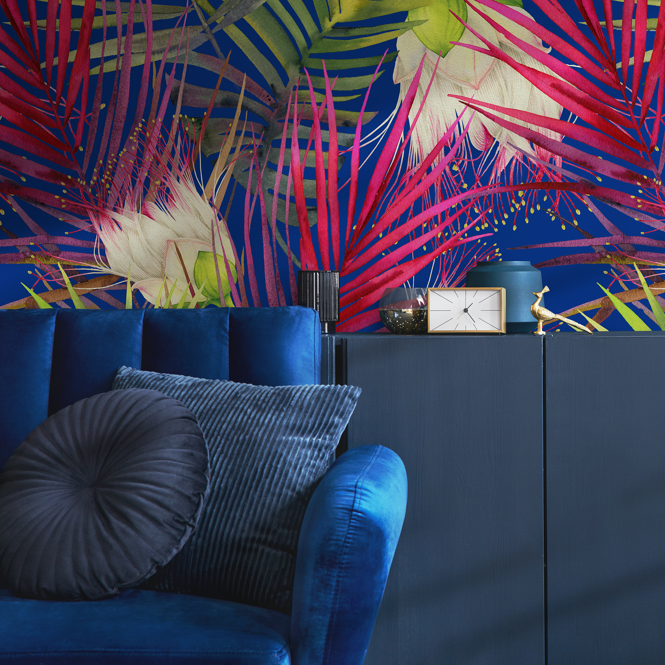 Botanical Wallpaper With Pop Art Flowers In Blue, Pink, And Green - B049