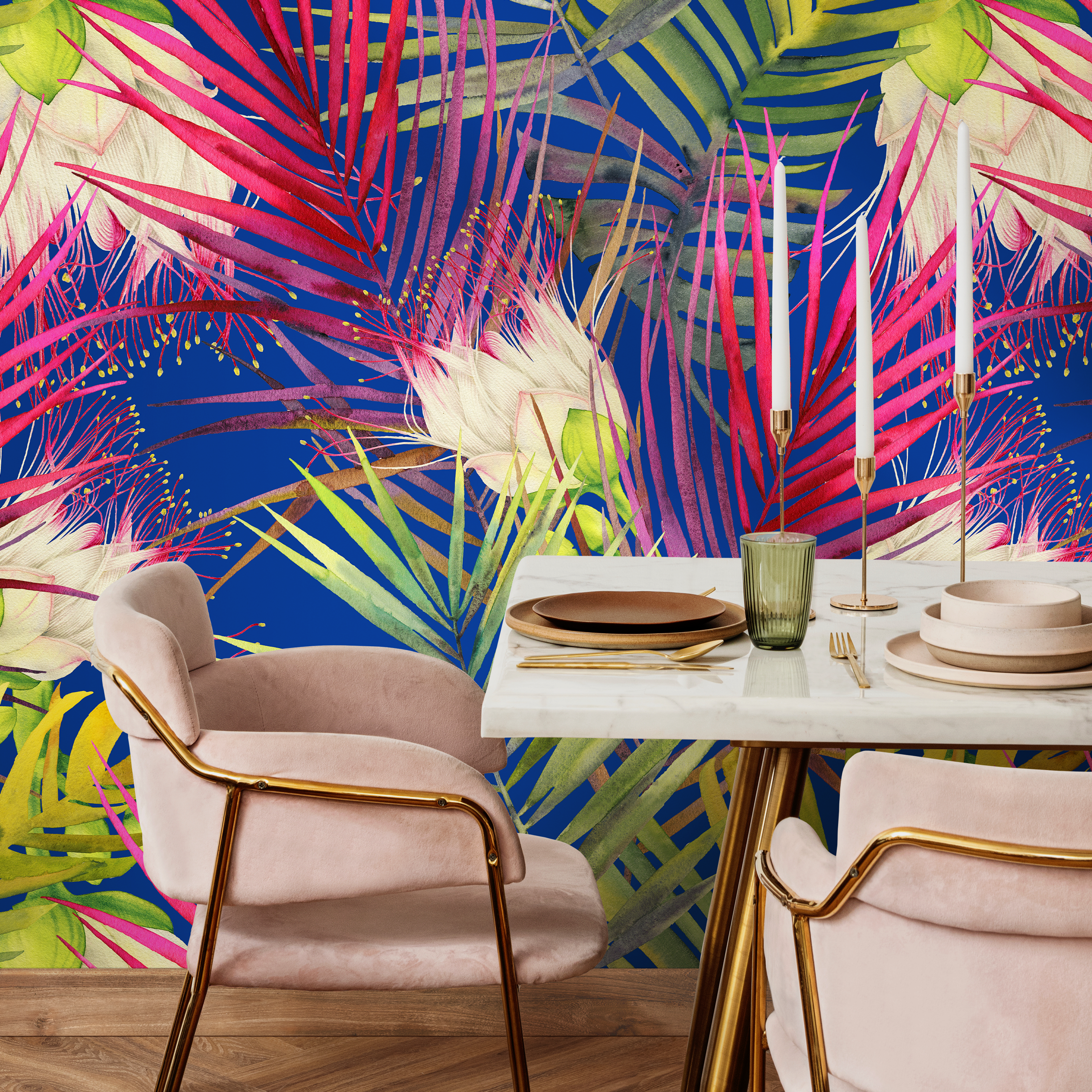 Botanical Wallpaper With Pop Art Flowers In Blue, Pink, And Green - B049