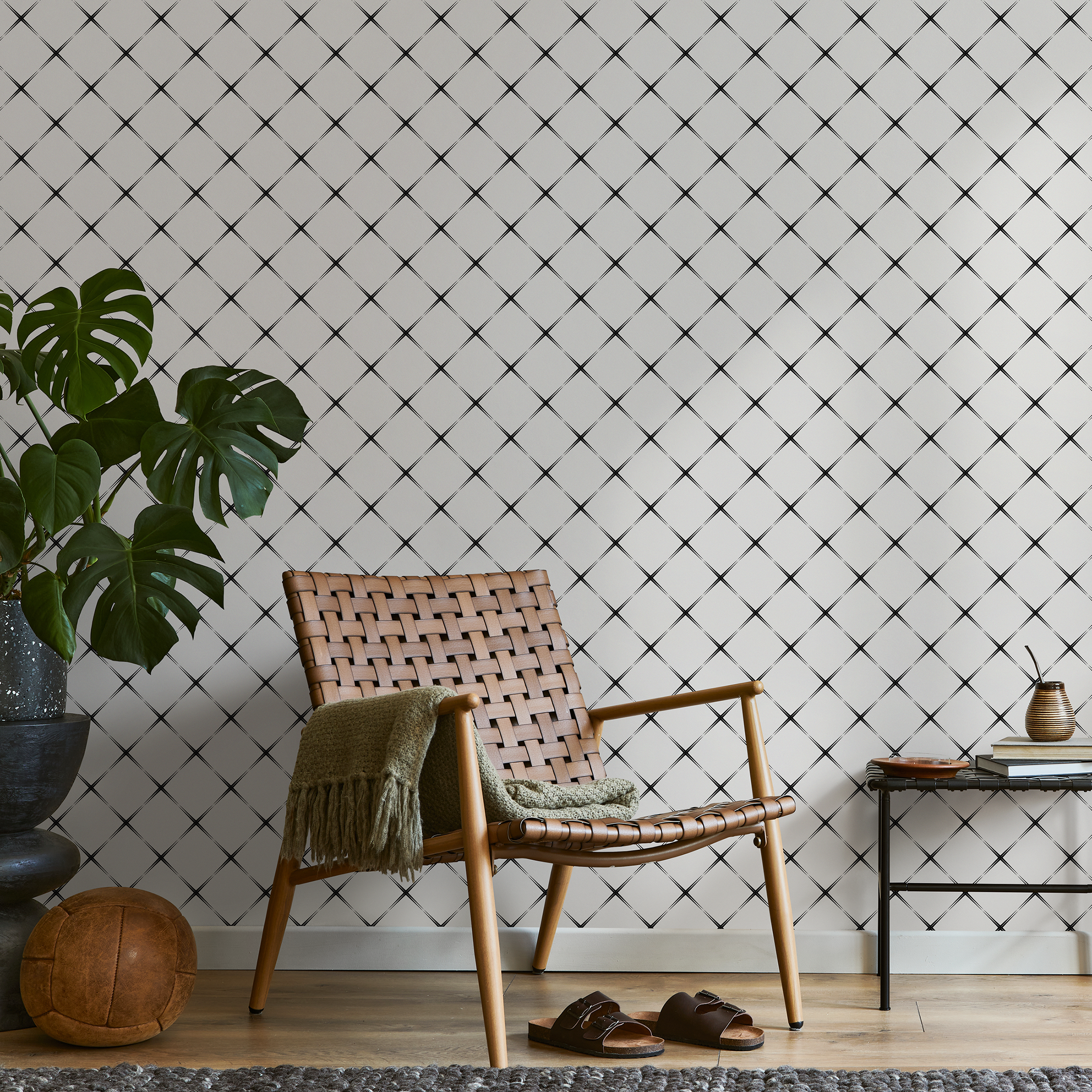 Geometric Wallpaper With A Star Cross Grid In Black And White - B050