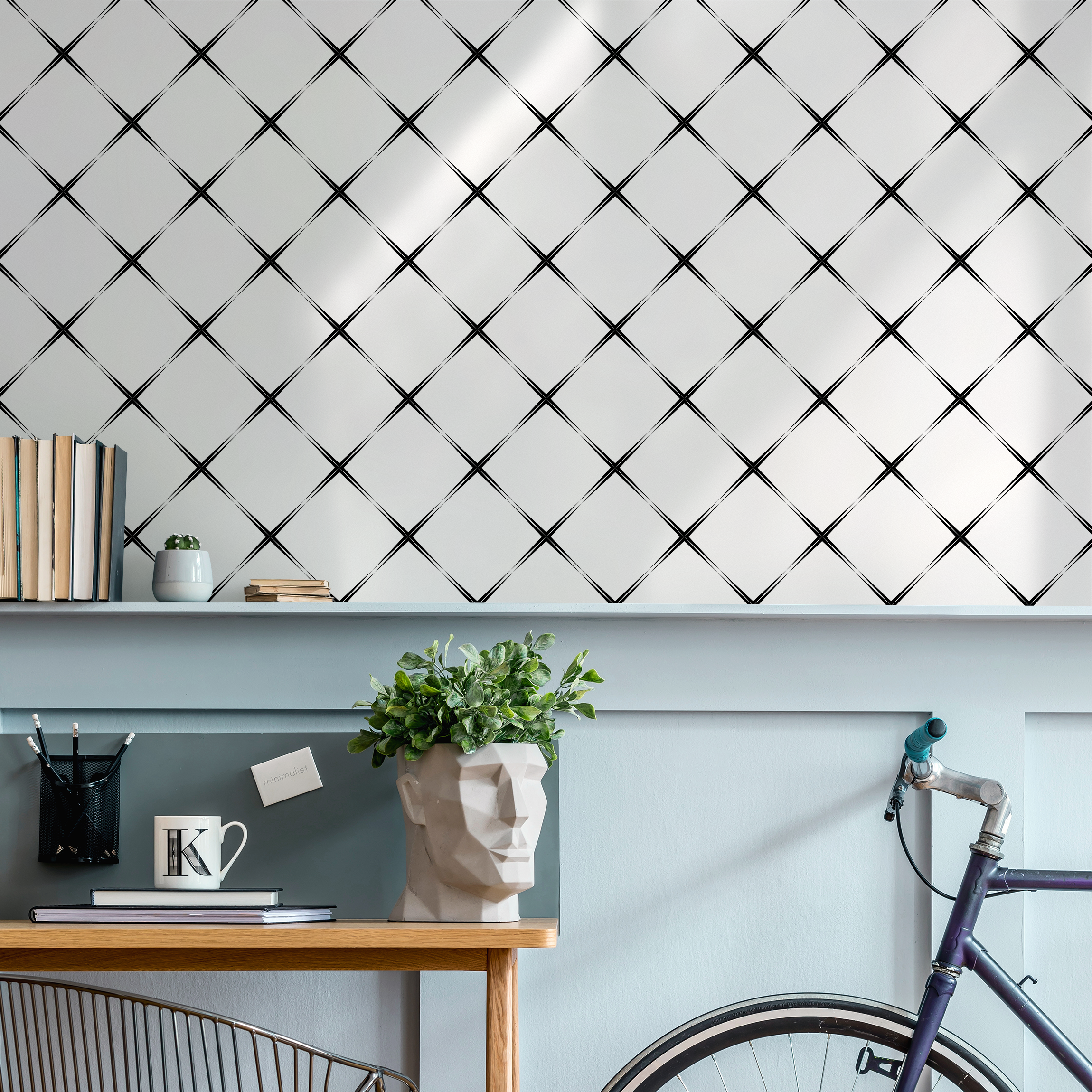 Geometric Wallpaper With A Star Cross Grid In Black And White - B050