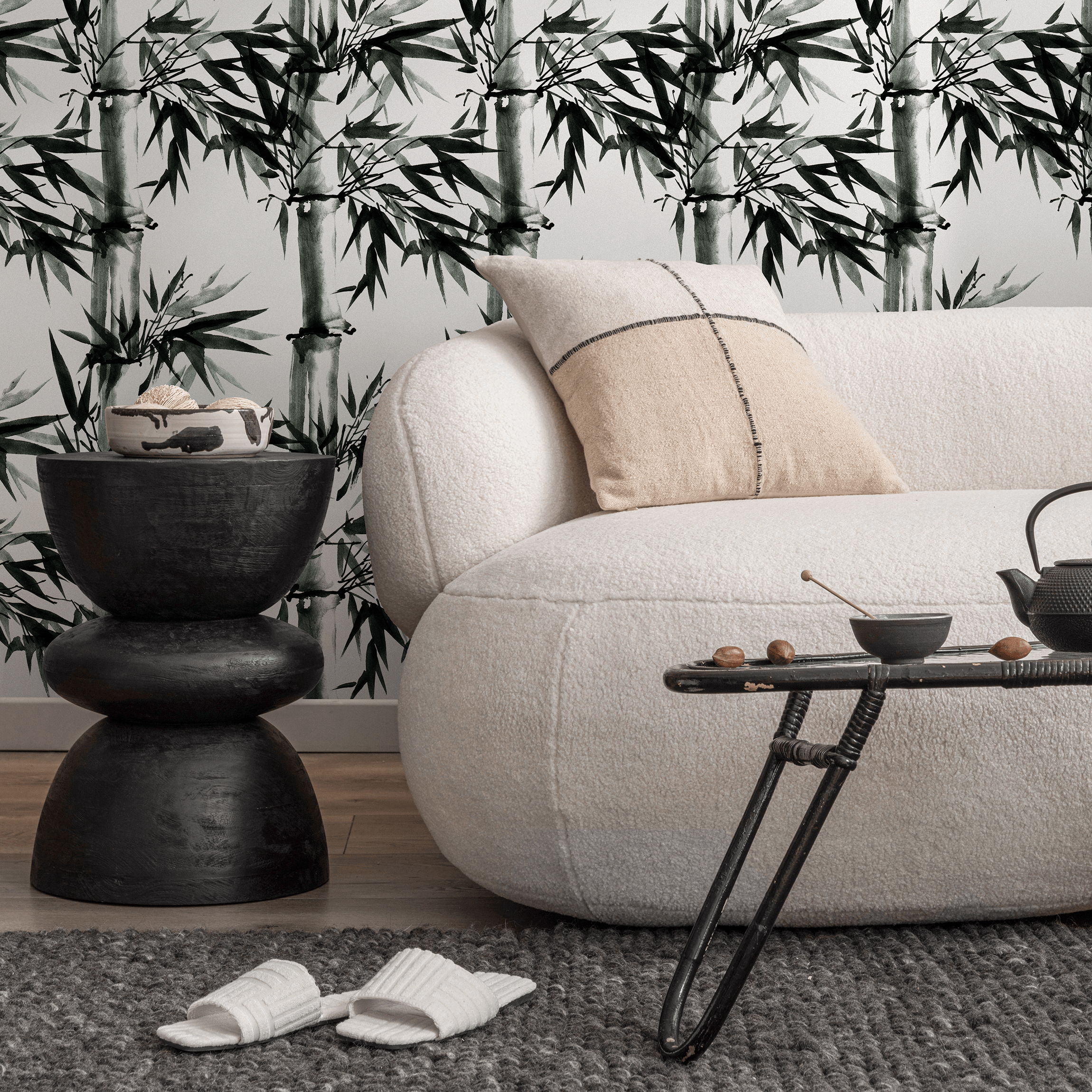 Japanese Wallpaper With An Ink Wash Bamboo Motif In Black And White - B051