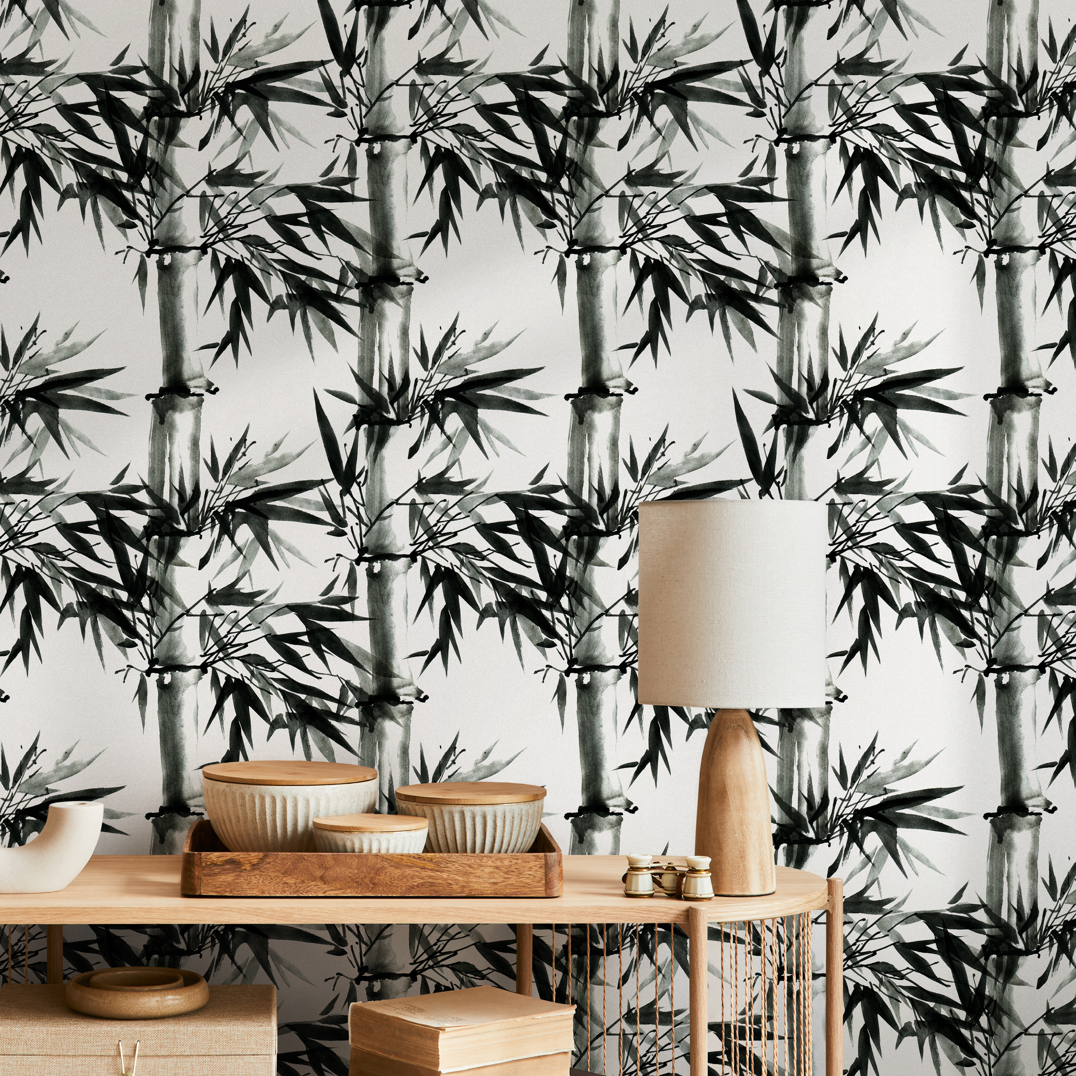 Japanese Wallpaper With An Ink Wash Bamboo Motif In Black And White - B051