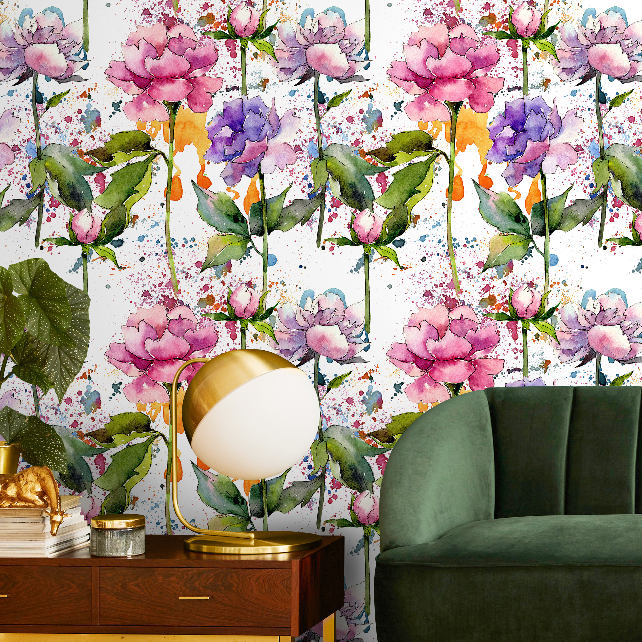 Floral Wallpaper With A Watercolor Peony Motif In Pink, Purple, And Green - B055