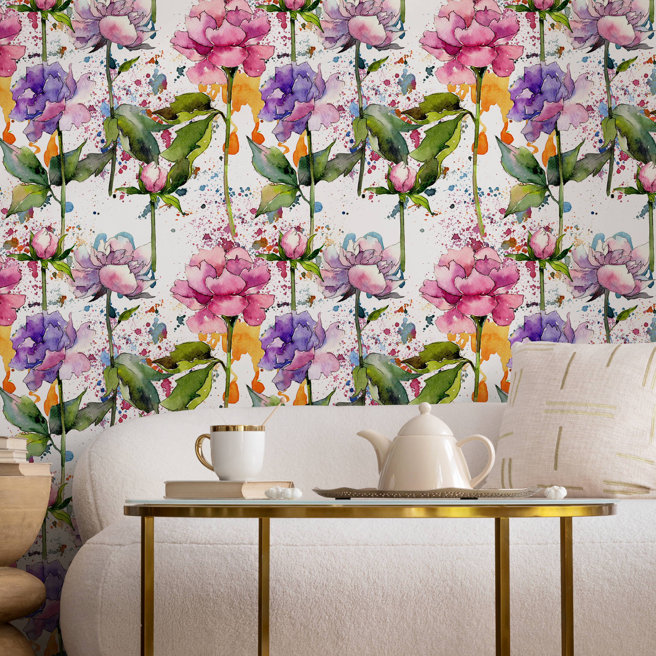 Floral Wallpaper With A Watercolor Peony Motif In Pink, Purple, And Green - B055