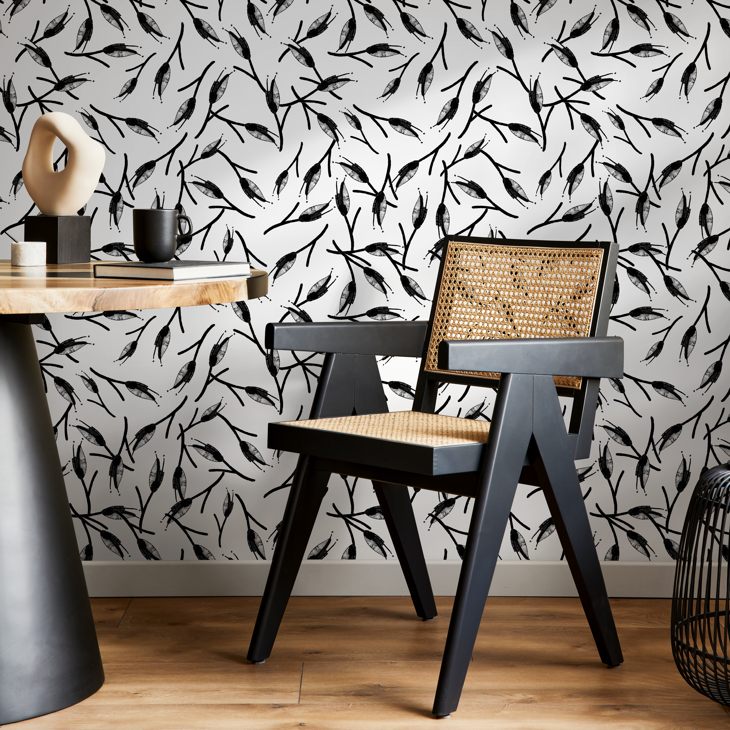 Scandinavian Wallpaper With Abstract Branches In Black And Light Gray - B056