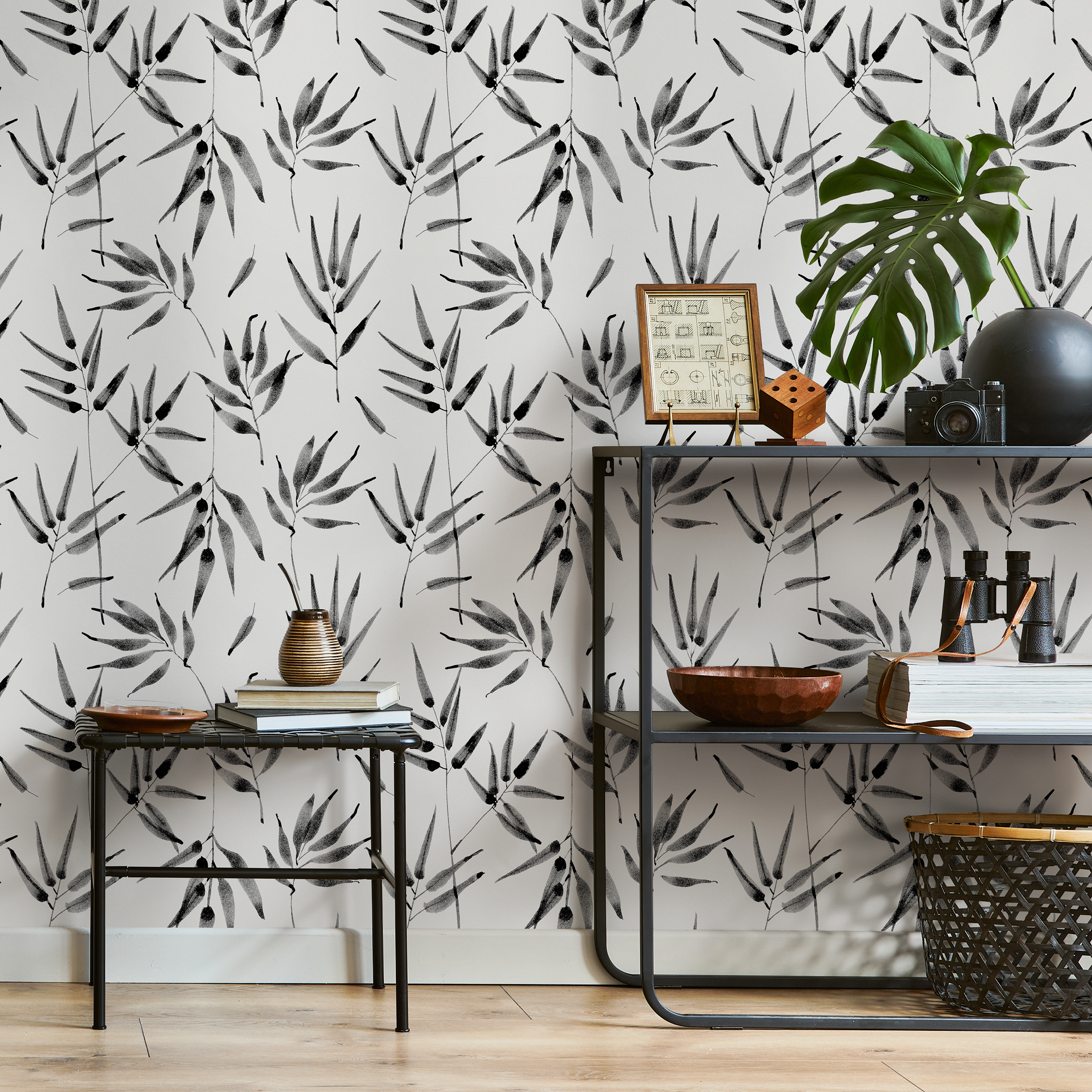 Botanical Wallpaper Featuring Ink Wash Bamboo Stalks In Black And White - B057
