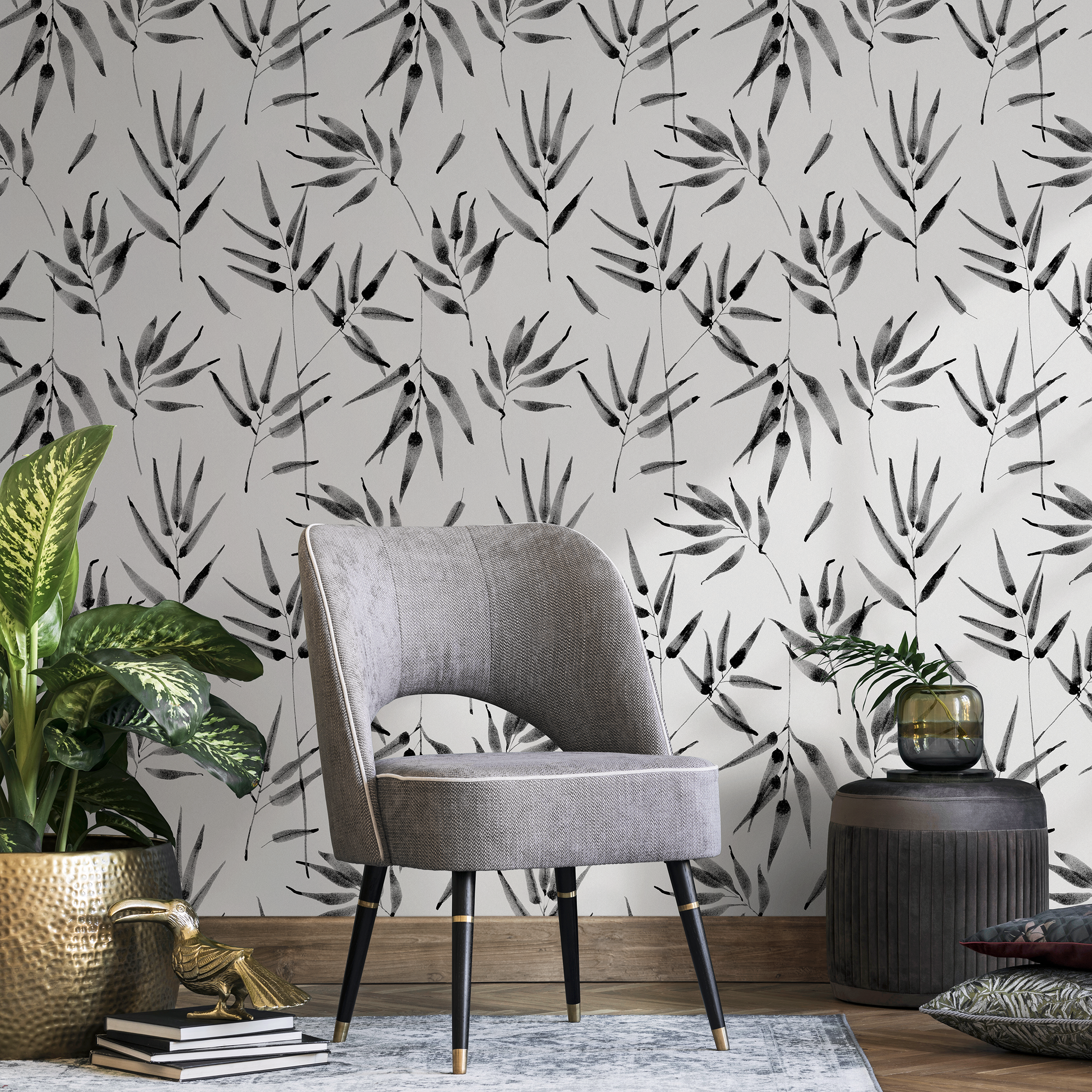 Botanical Wallpaper Featuring Ink Wash Bamboo Stalks In Black And White - B057