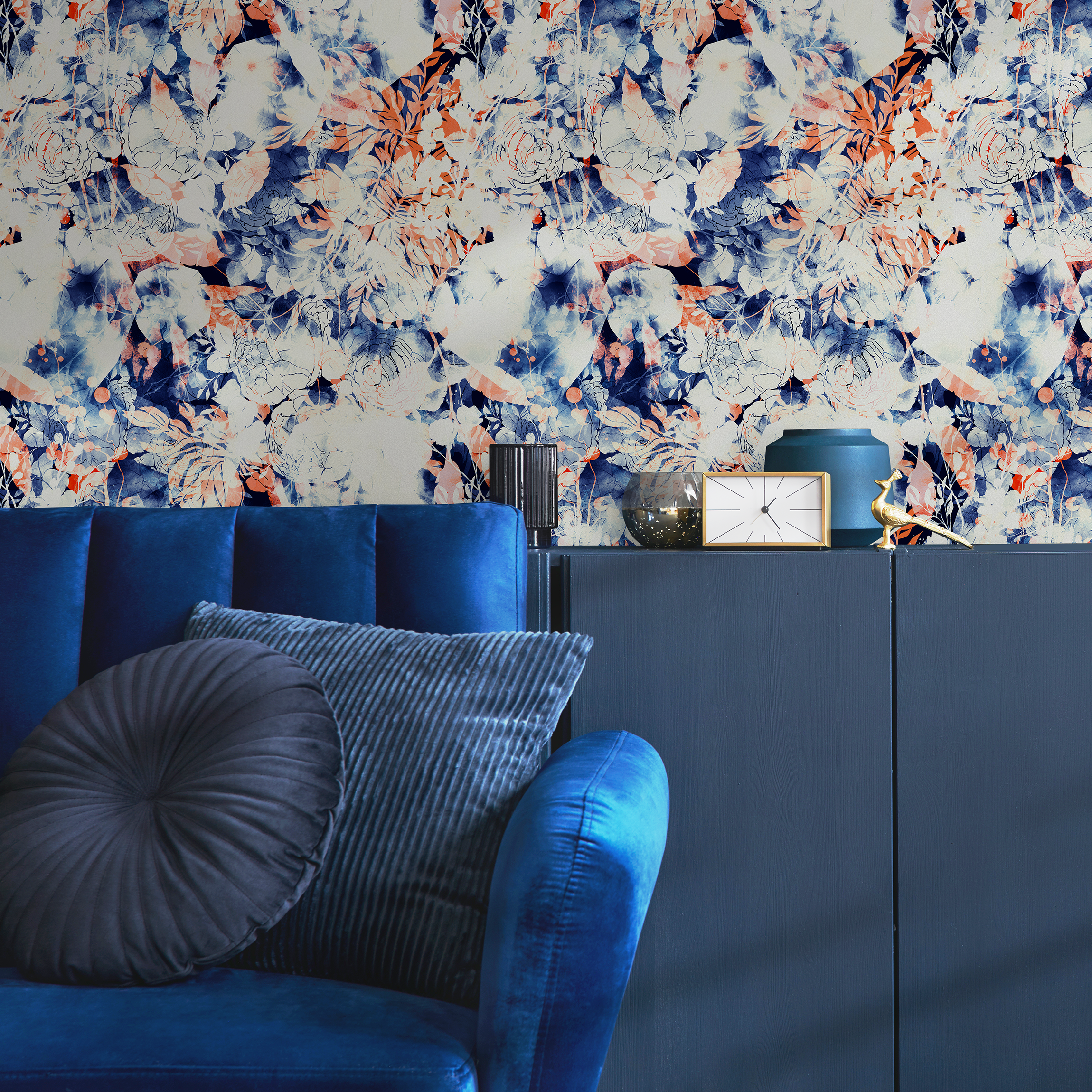 Abstract Floral Wallpaper With Watercolor Washes In Blue And Orange - B058
