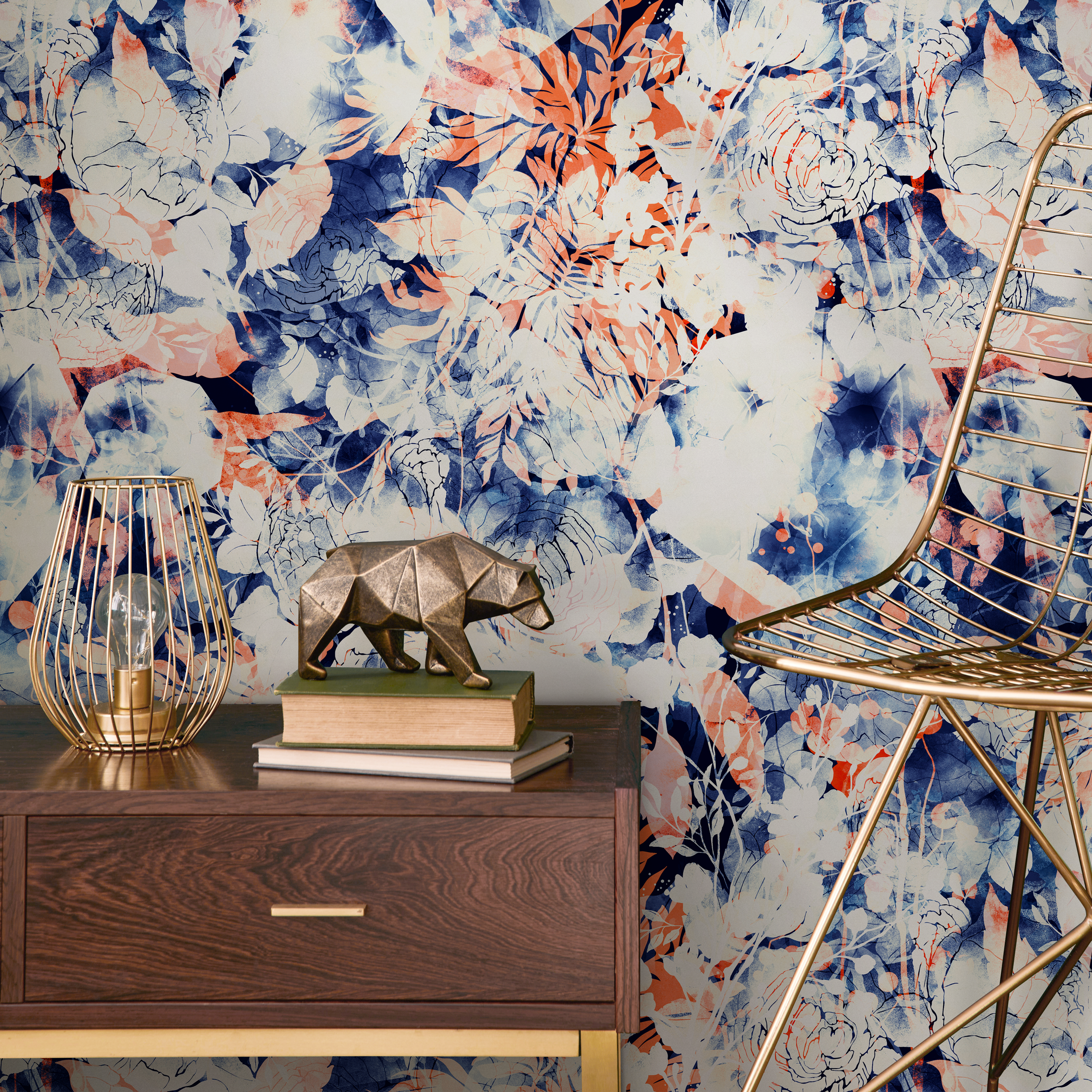 Abstract Floral Wallpaper With Watercolor Washes In Blue And Orange - B058