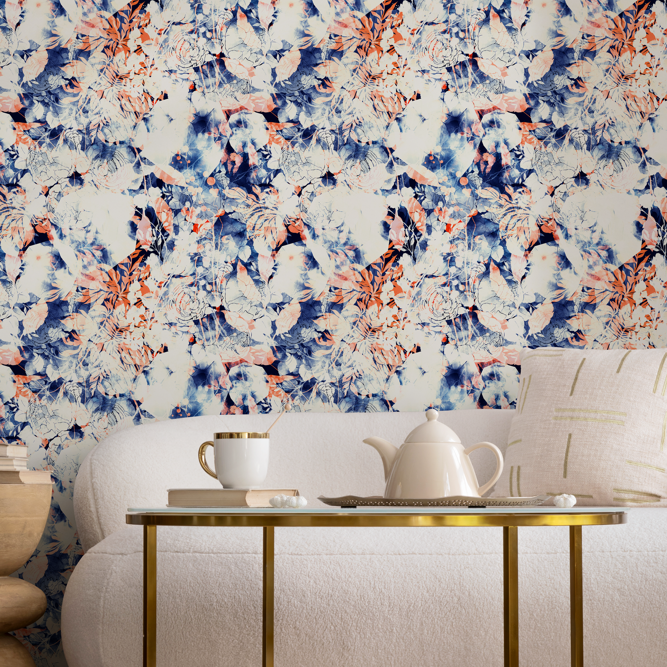 Abstract Floral Wallpaper With Watercolor Washes In Blue And Orange - B058