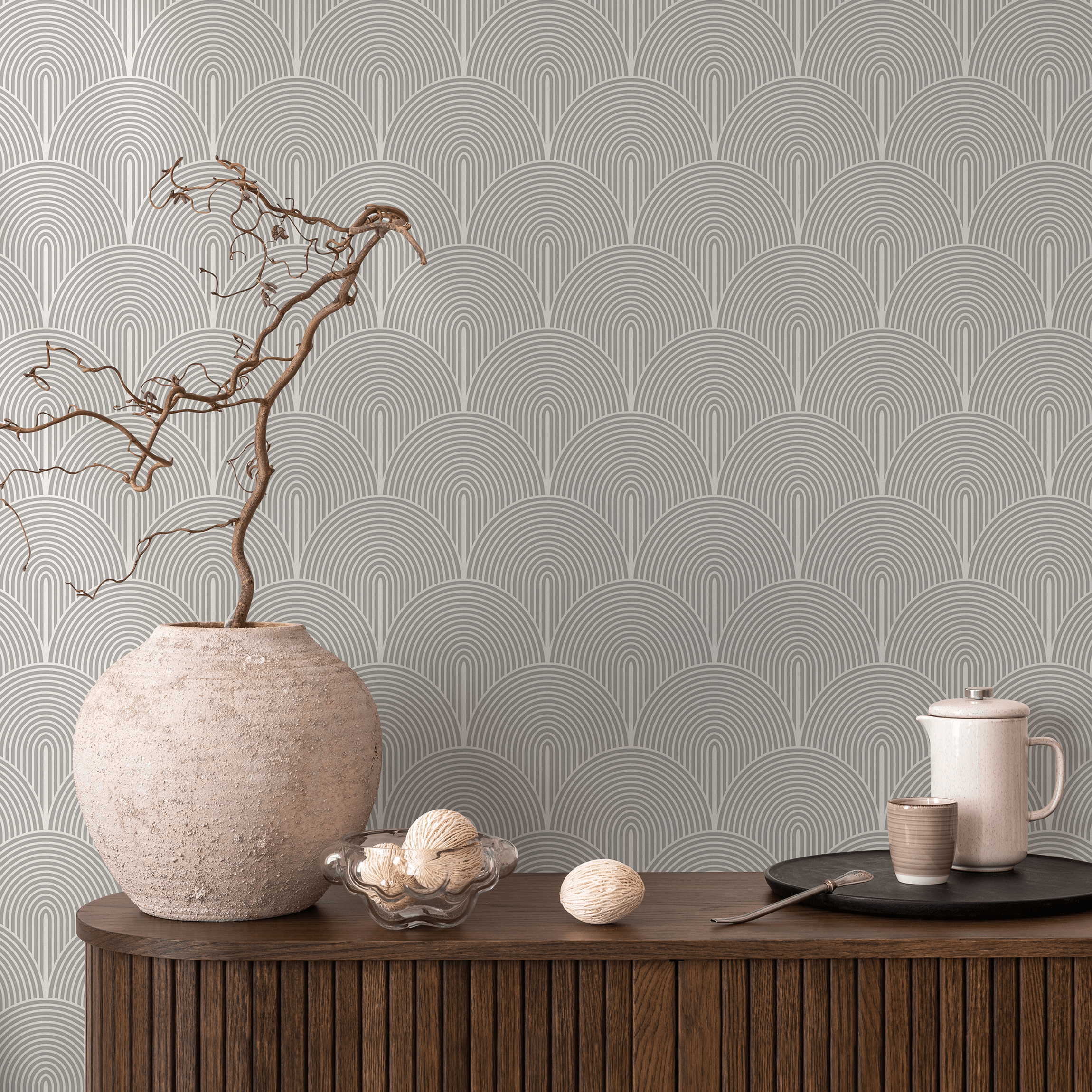 Art Deco Wallpaper With A Scalloped Arch Motif In Gray And Off-white - B063