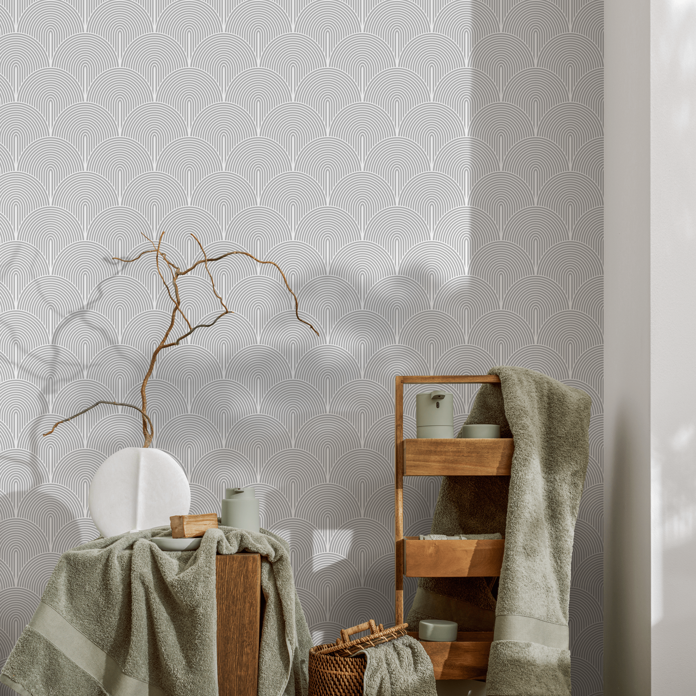 Art Deco Wallpaper With A Scalloped Arch Motif In Gray And Off-white - B063
