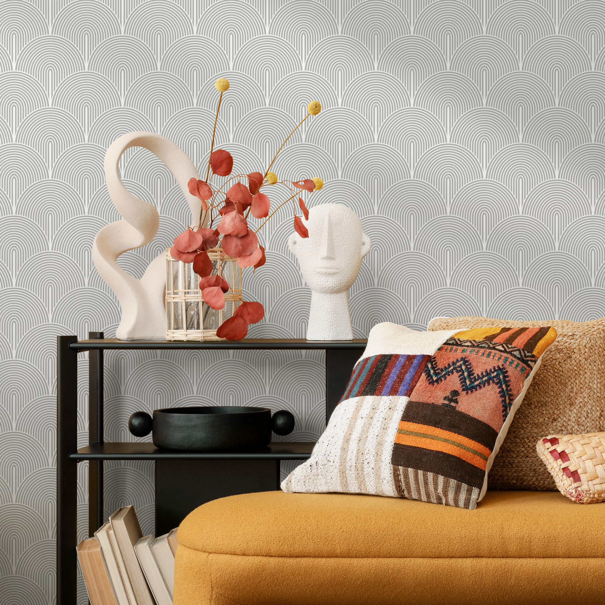 Art Deco Wallpaper With A Scalloped Arch Motif In Gray And Off-white - B063