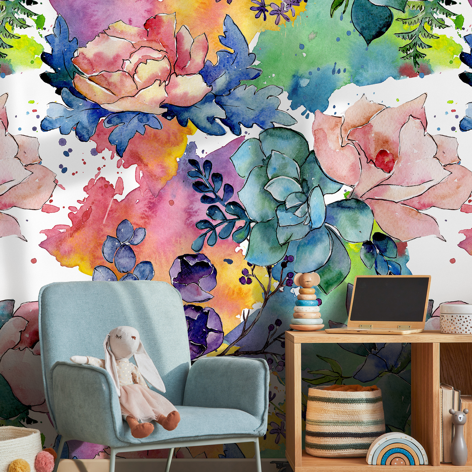 Watercolor Floral Wallpaper With Peonies And Succulents In Pink And Blue - B064