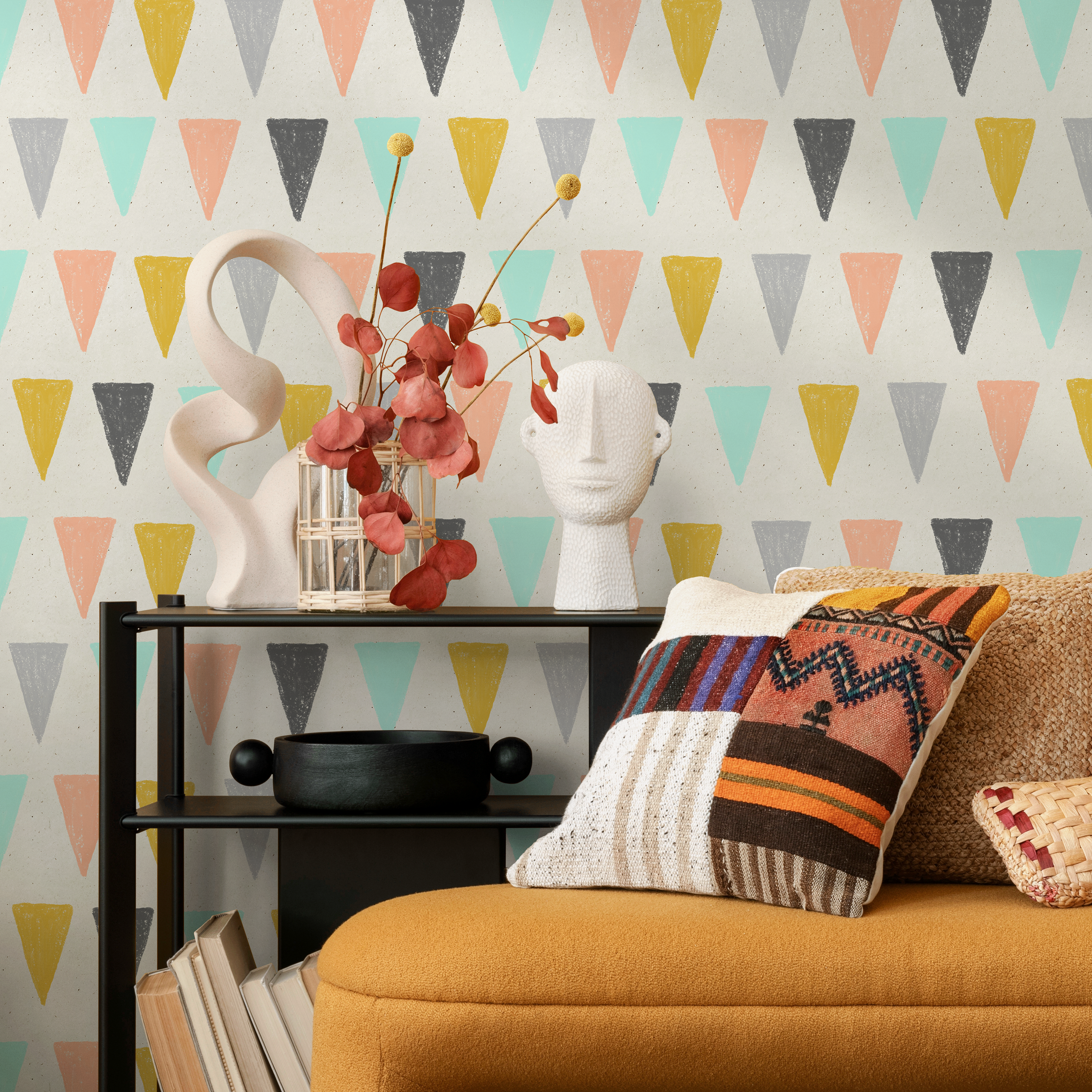 Geometric Wallpaper With Hand-drawn Triangles In Pink, Yellow, And Mint - B075