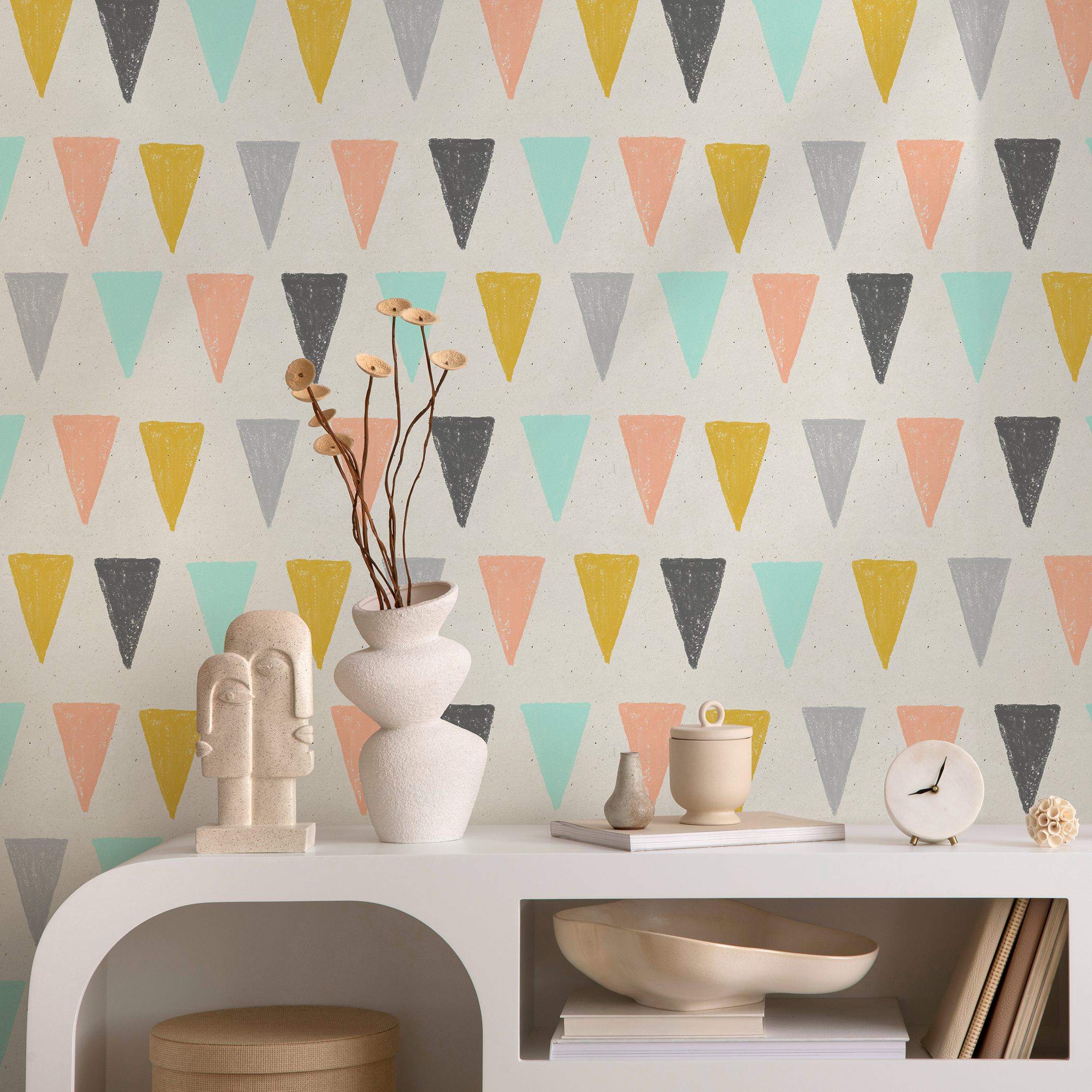 Geometric Wallpaper With Hand-drawn Triangles In Pink, Yellow, And Mint - B075